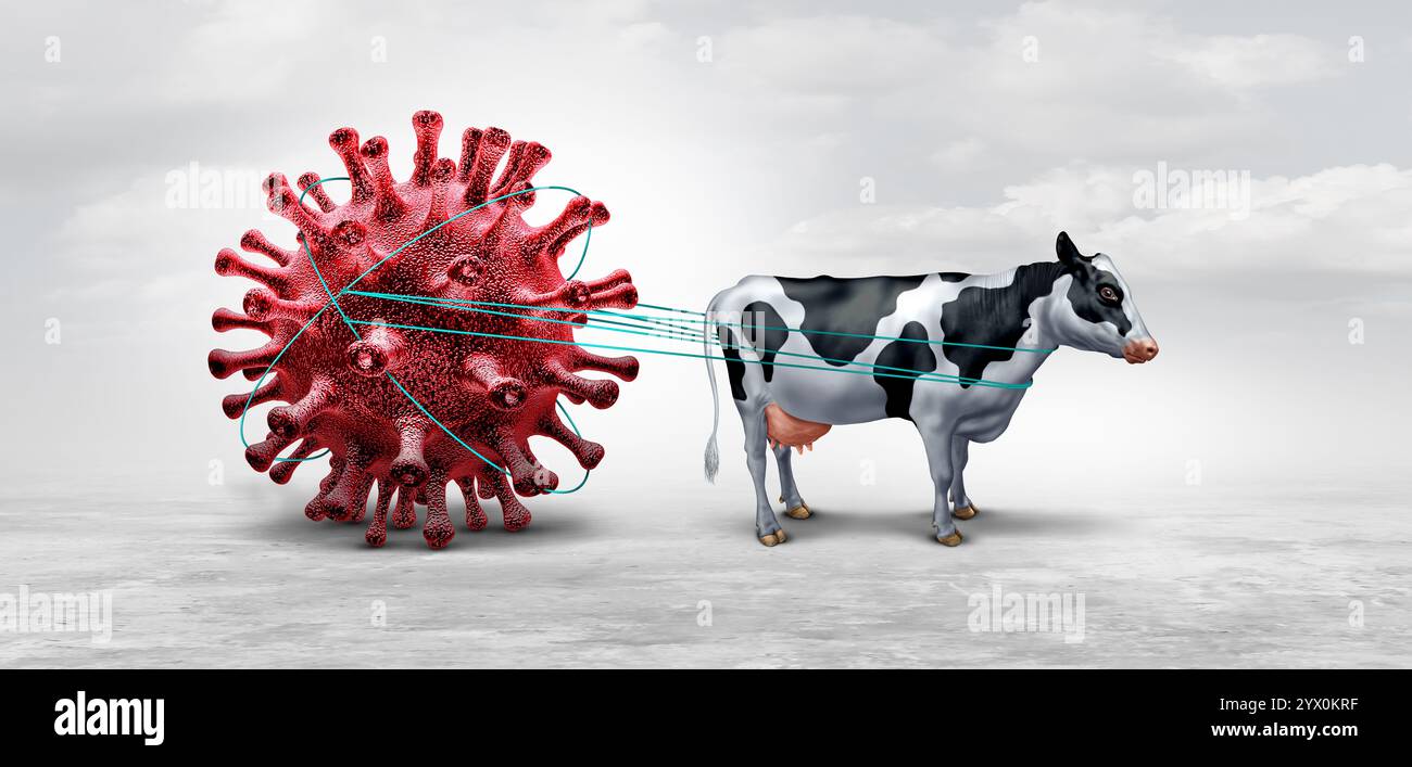 Virus dell'influenza della mucca o influenza bovina trasmissione di specie incrociate sotto forma di ceppi dell'influenza aviaria o suina che colpiscono i bovini come virus mutanti dell'influenza degli uccelli come a Foto Stock