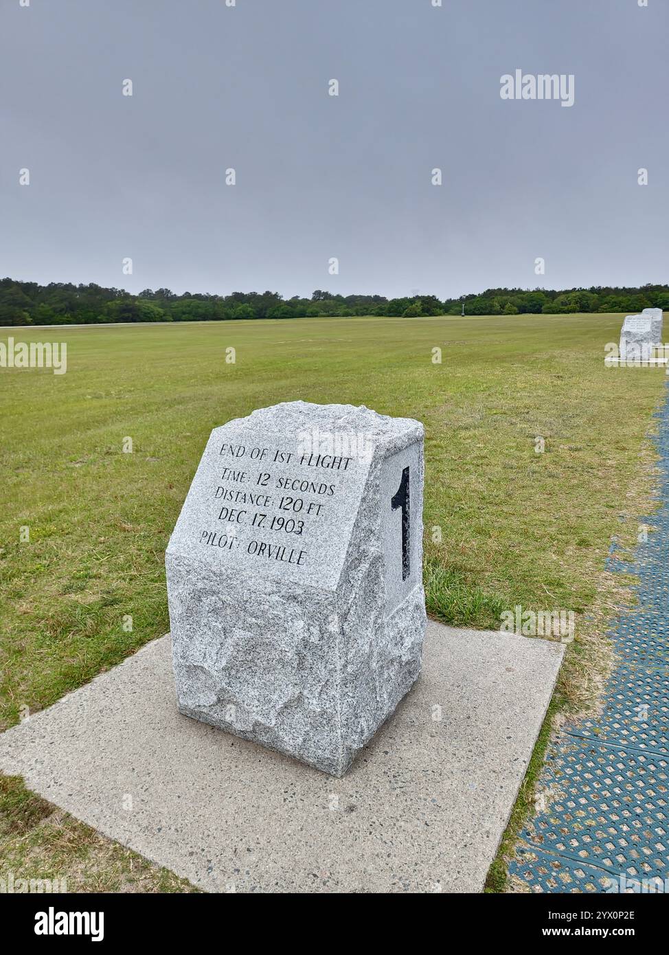 Marcatore di granito al Wright Brothers National Memorial notando la lunghezza e il tempo del primo volo registrato, pilotato da Orville Wright, in Kill De Foto Stock