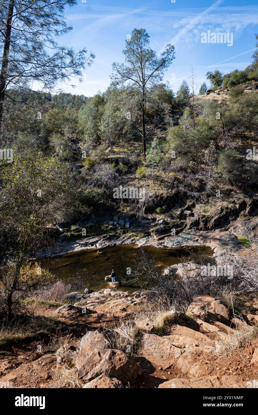 Foto di un'area piscina rivestita di granito con un visitatore e un cane in lontananza all'Hidden Falls Regional Park. Foto Stock