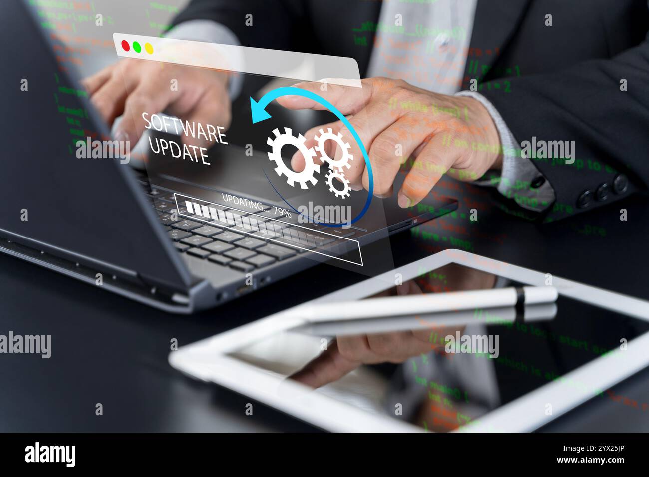 Avanzamento dell'installazione dell'applicazione software. Concetto di tecnologia di aggiornamento hardware per computer laptop. Aggiornamento software o aggiornamento del sistema operativo. UPD Foto Stock