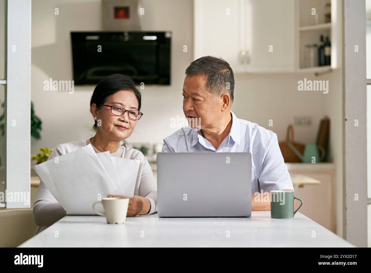 coppia asiatica senior seduta a un tavolo a casa facendo piani finanziari utilizzando un computer portatile Foto Stock