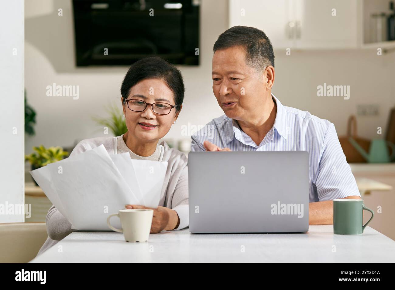 coppia asiatica senior seduta a un tavolo a casa facendo piani finanziari utilizzando un computer portatile Foto Stock