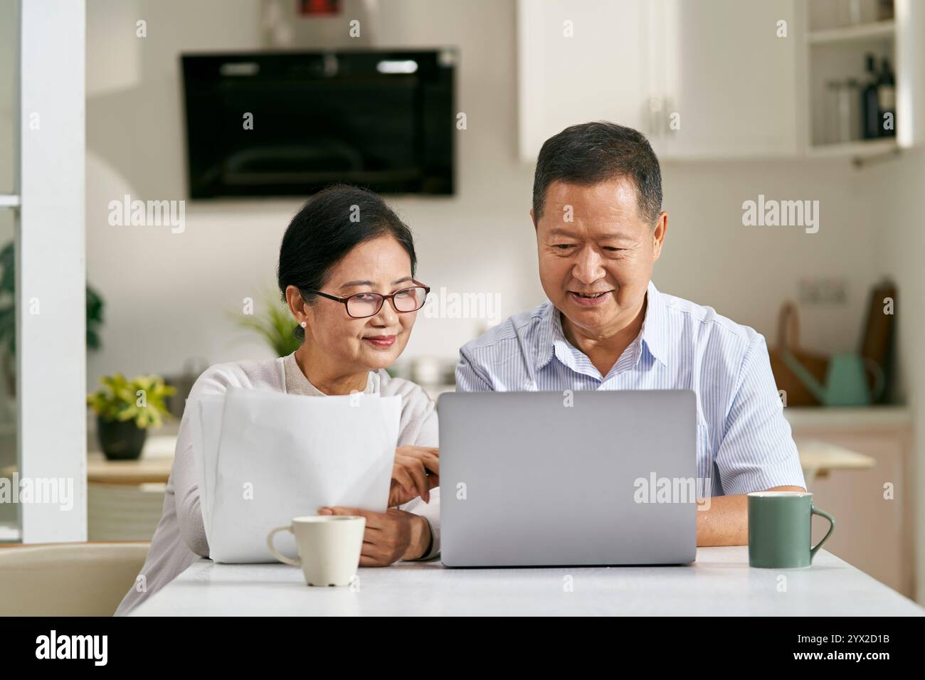 coppia asiatica senior seduta a un tavolo a casa facendo piani finanziari utilizzando un computer portatile Foto Stock