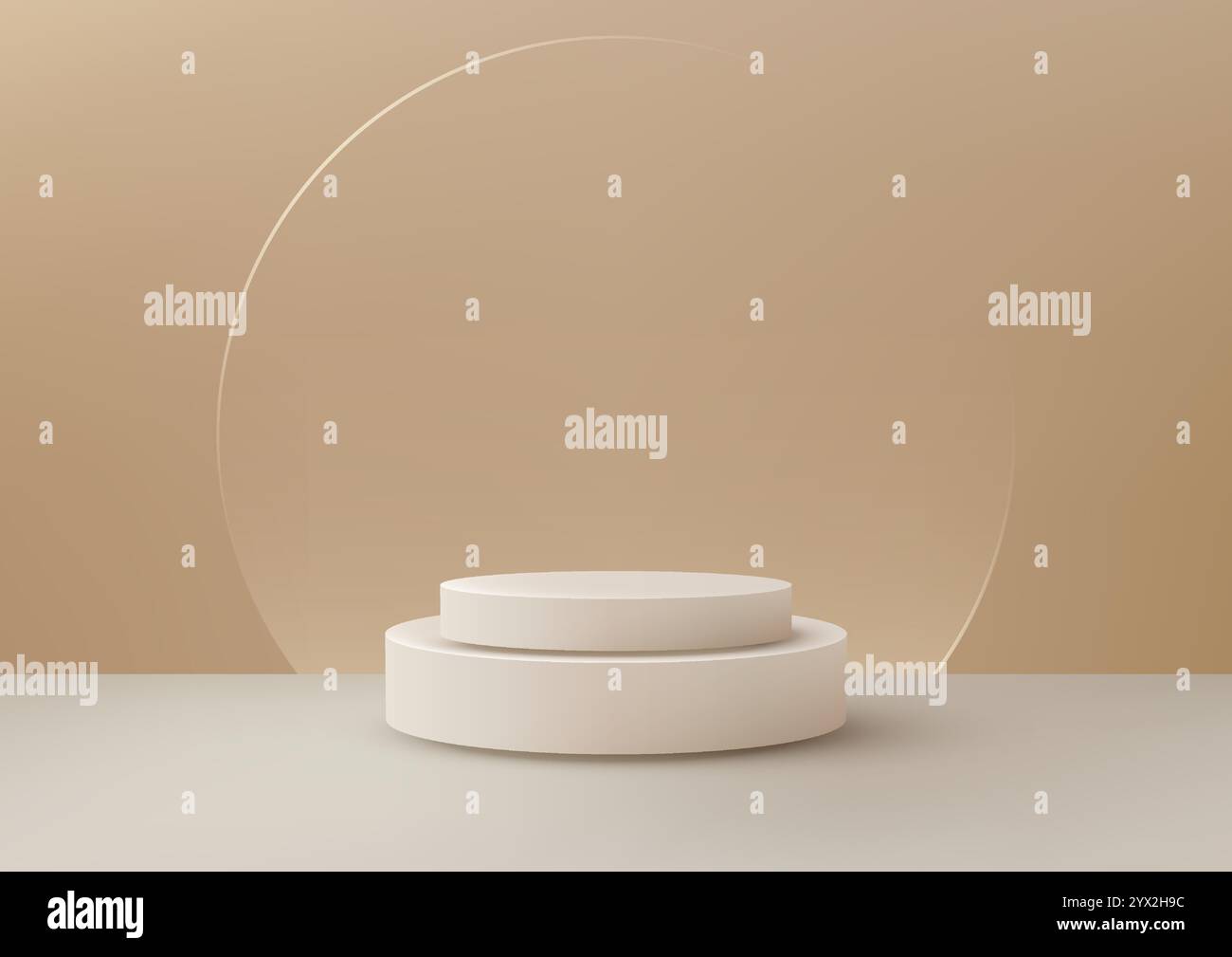 Pulito minimale podio bianco a due livelli si trova su un morbido tavolino beige con un vetro circolare. Presenta prodotti o opere d'arte dall'estetica moderna e polverosa Illustrazione Vettoriale