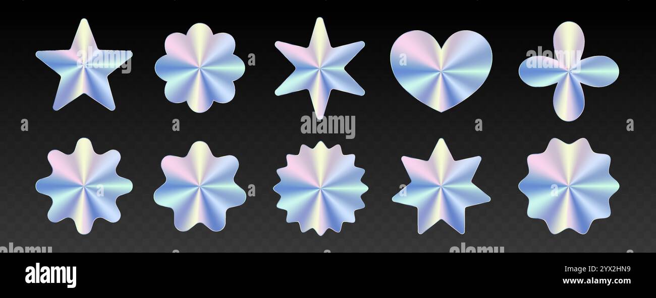 Confezione di adesivi olografici, etichette iridescenti con effetto metallico, nastro in carta lucida. Illustrazione Vettoriale