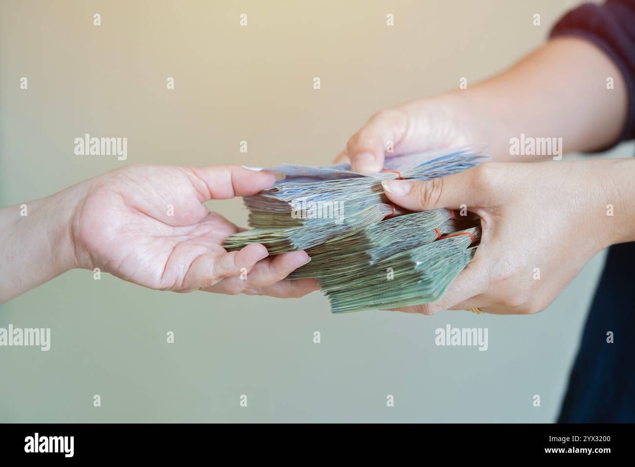 Avvicinare le mani che donano un mucchio di soldi su sfondo grigio chiaro. Fuoco selettivo. Foto Stock