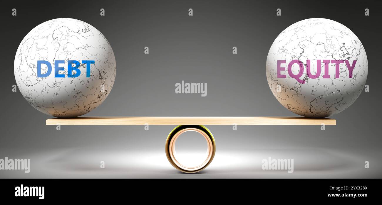 Debito e capitale proprio in pareggio. Una metafora che mostra il debito in equilibrio con l’equità, simboleggiando un’armonia desiderata tra di loro. Stabilità. Armonioso e. Foto Stock