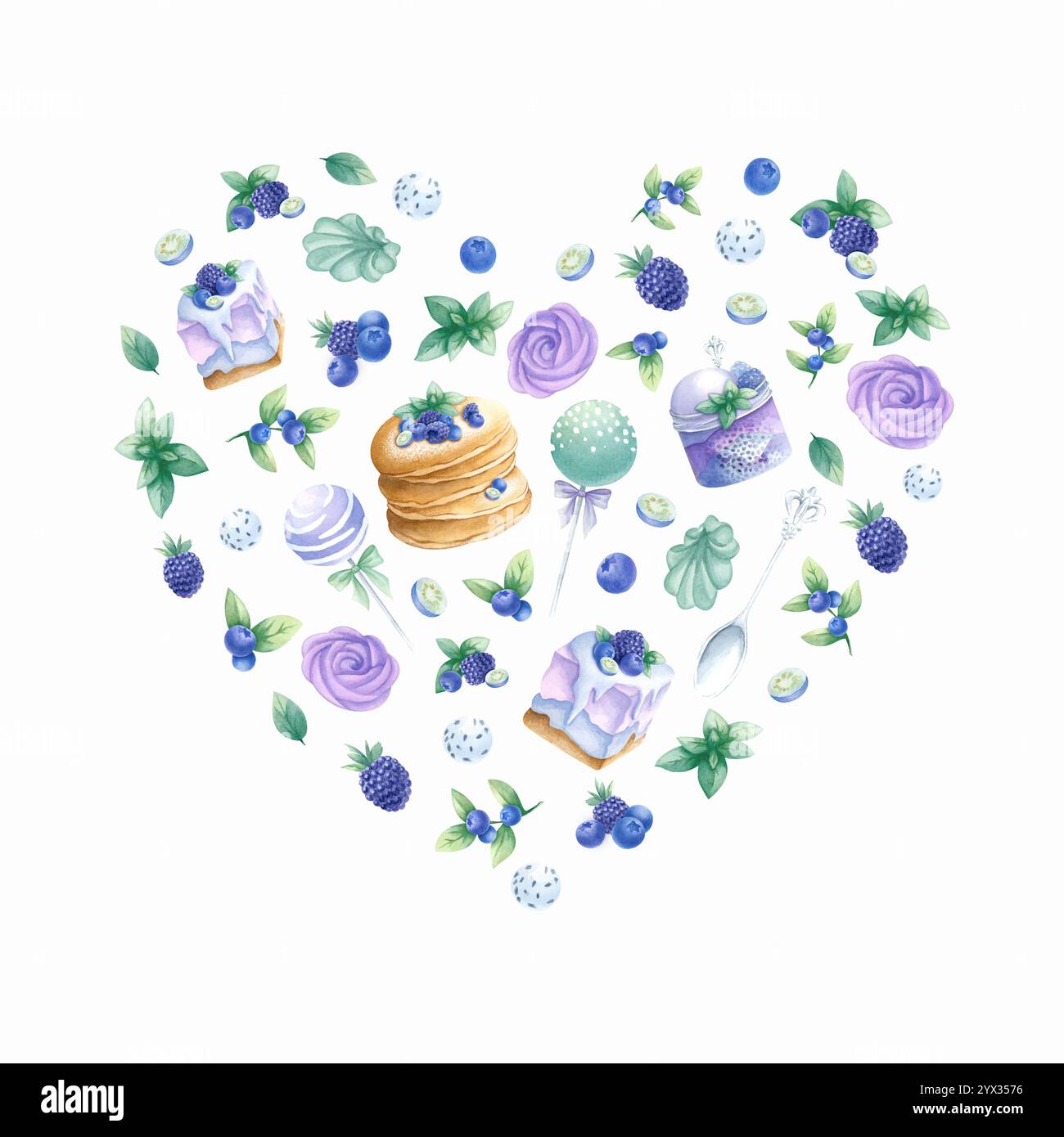 Composizione a forma di cuore con pancake, torte, mirtillo, mora, marshmallow nei colori viola e verde. Disegna a mano un'illustrazione isolata ad acquerello per un romantico biglietto di auguri di San Valentino. Foto Stock