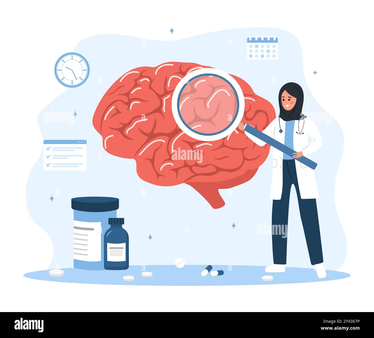 Concetto di neurologo. Donna islamica in uniforme medica con lente di ingrandimento analizza organo interno. Ricercatore. Illustrazione vettoriale piatta Illustrazione Vettoriale