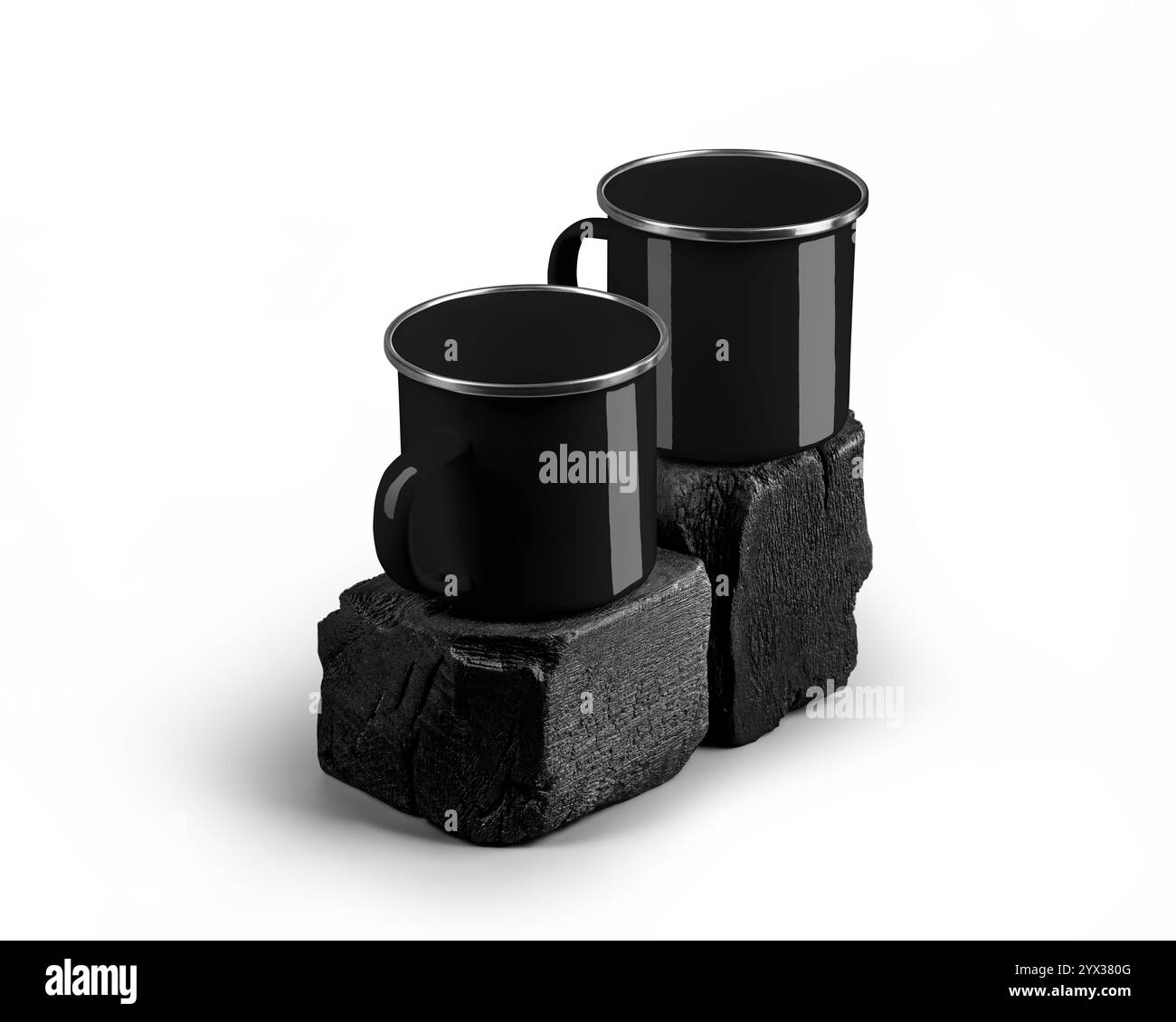 Mockup di tazze in metallo nero con bordo cromato, manico, su trave in legno quadrato bruciato, per design, branding. Sagoma di tazze di acciaio su legno, isolata su b Foto Stock