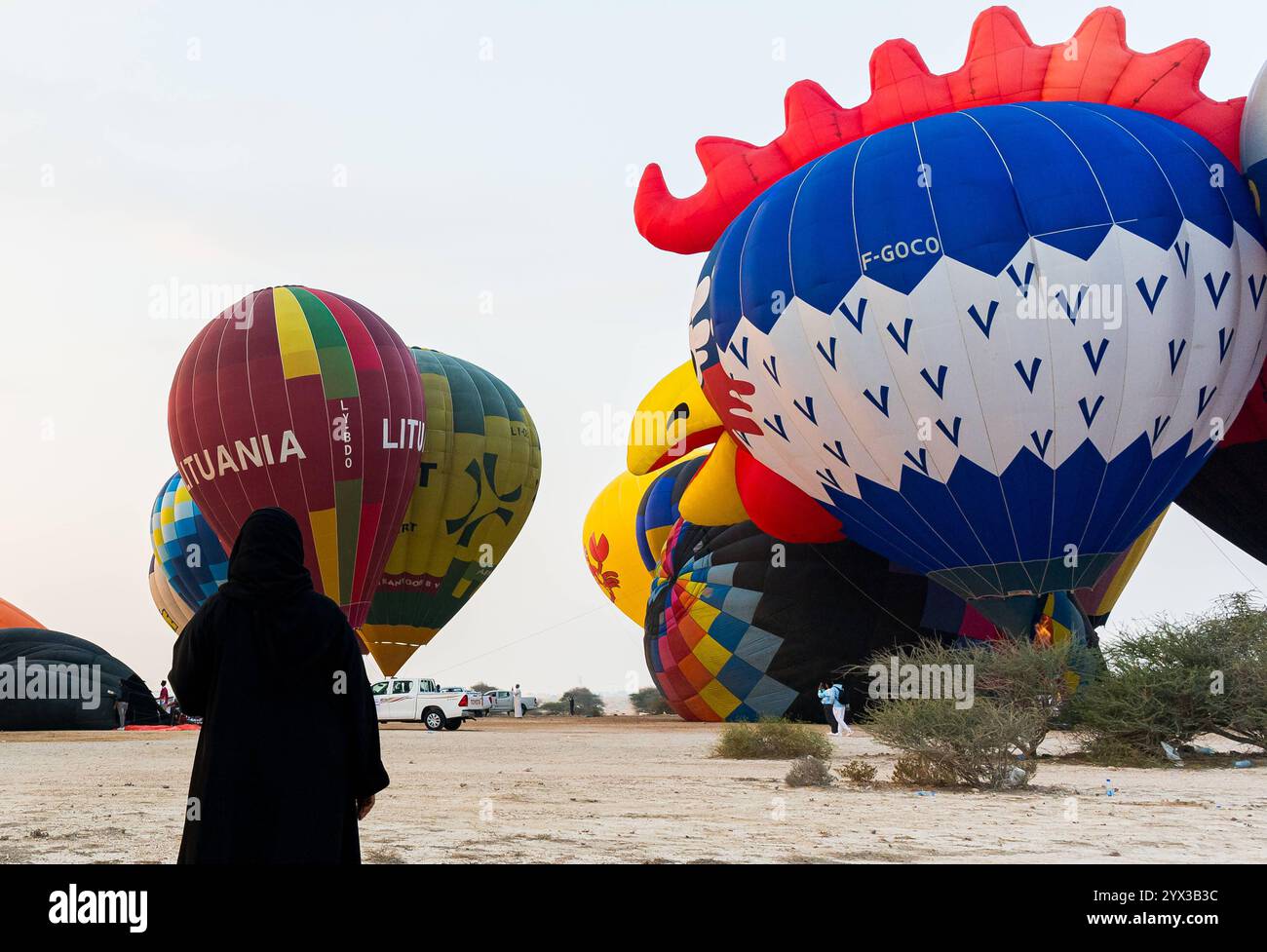 QATAR BALLOON FESTIVAL 2024 Una donna guarda le mongolfiere mentre decollano all'alba durante il Qatar Balloon Festival 2024 a Doha, Qatar, il 13 dicembre 2024. La quinta edizione del Qatar Balloon Festival si è tenuta qui dal 12 al 22 dicembre e più di 50 partecipanti partecipano al Festival DOHA Qatar Copyright: XNOUSHADx Foto Stock