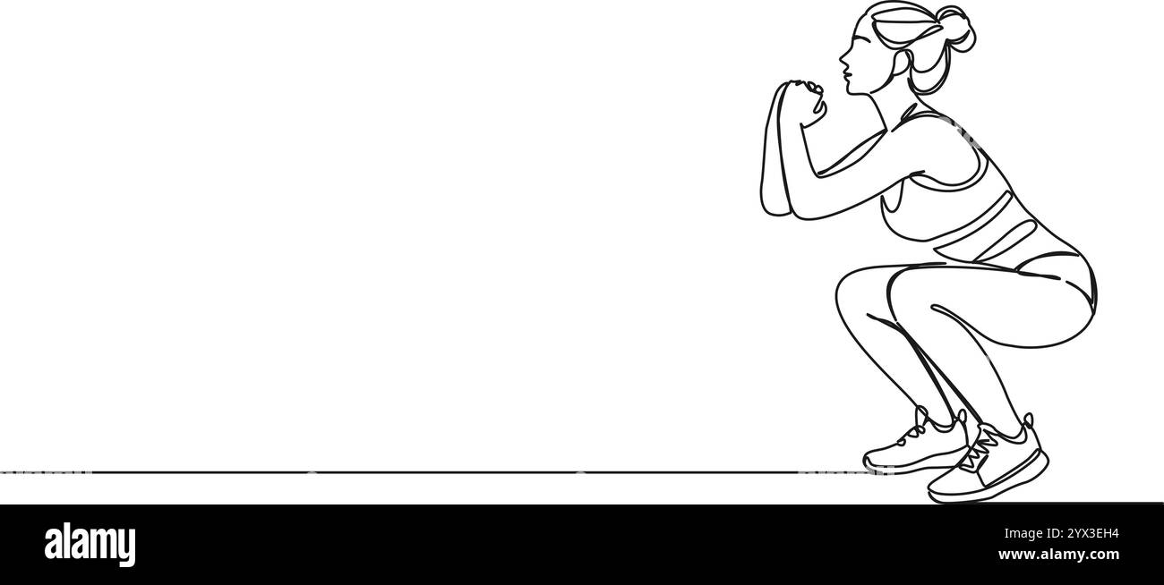 disegno continuo di una donna in forma che fa gli squat, illustrazione vettoriale line art Illustrazione Vettoriale