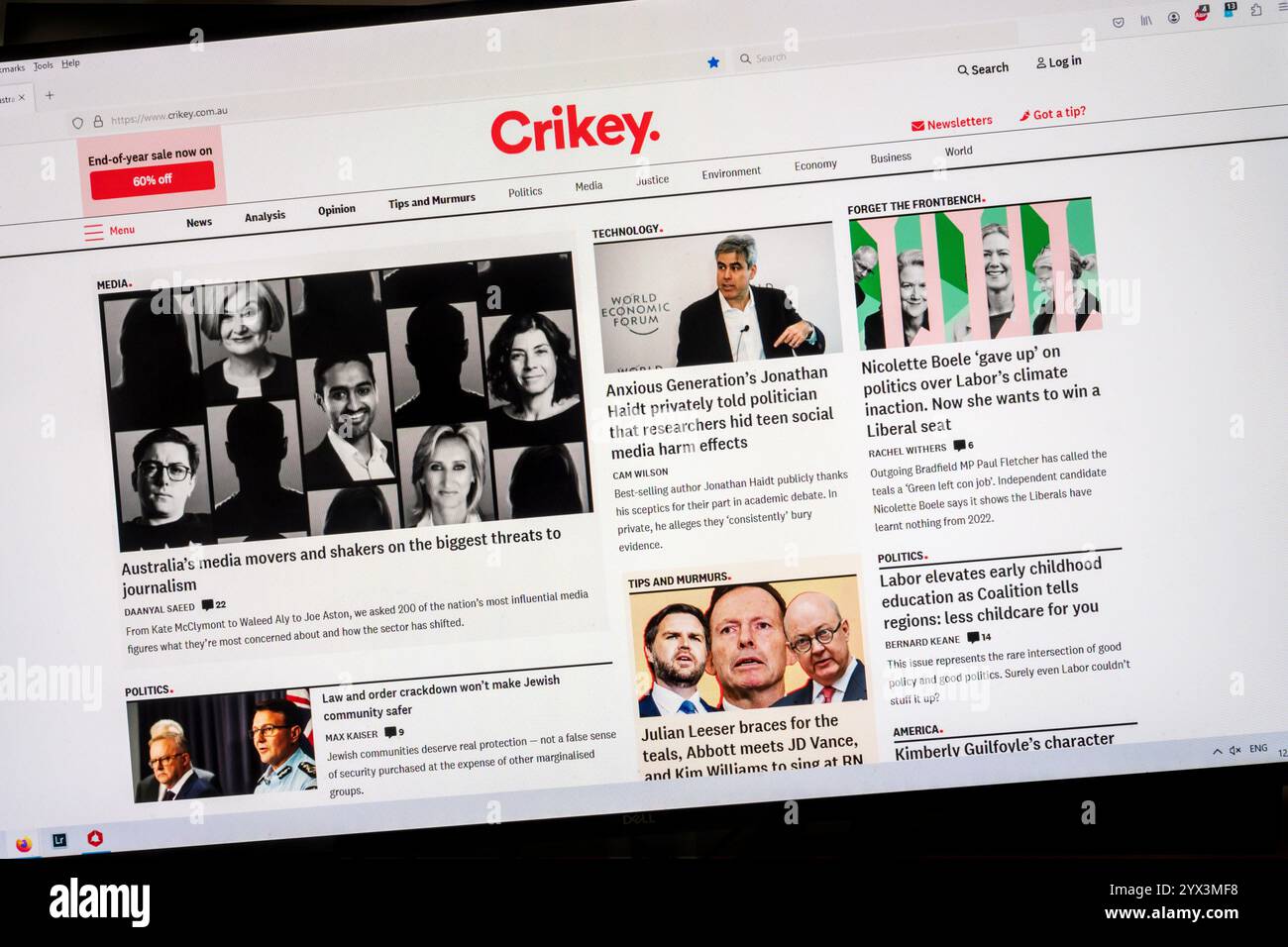 Il sito web di Crikey, un centro di notizie online australiano fondato nel 1999. Foto Stock
