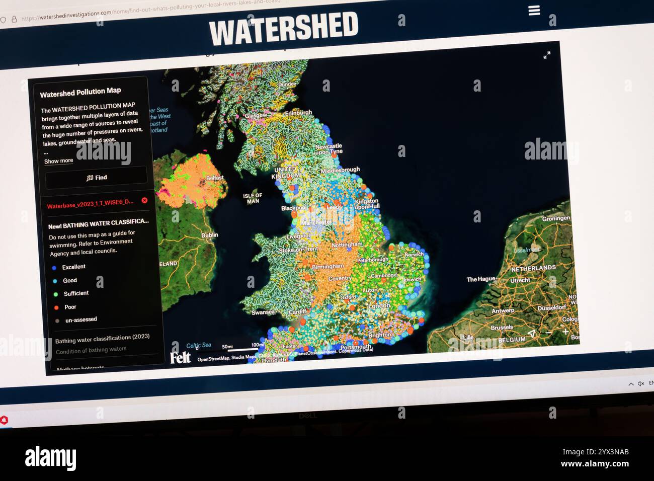 Il sito web Watershed Pollution Map mostra l'inquinamento delle acque e la qualità del bagno in tutto il Regno Unito. Foto Stock