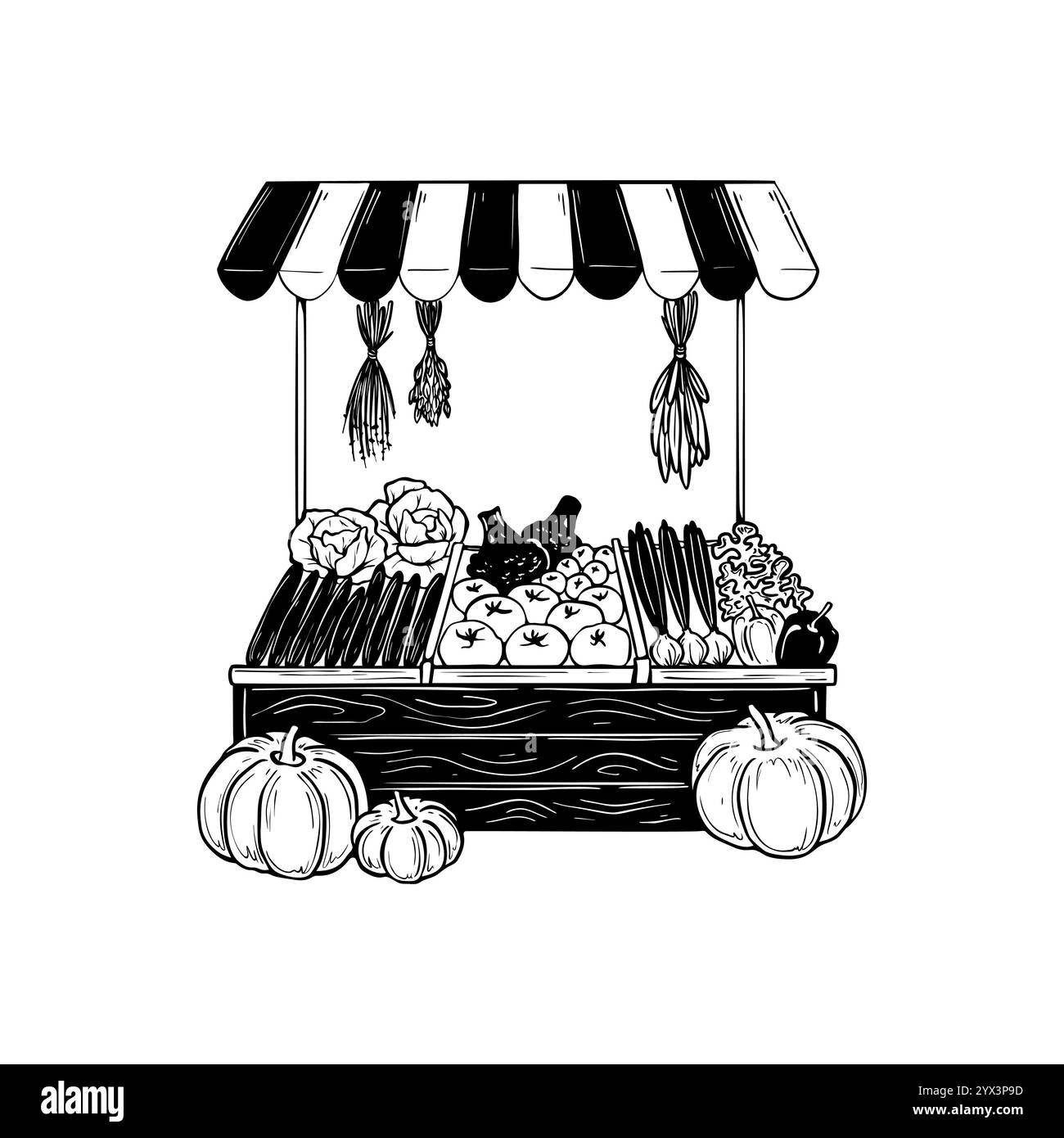 Bancone di frutta e verdura del mercato locale del fruttivendolo. Disegnare l'illustrazione vettoriale disegnata a mano. Stallo contadino. Negozio di bazaar della fattoria. Cibo naturale Illustrazione Vettoriale