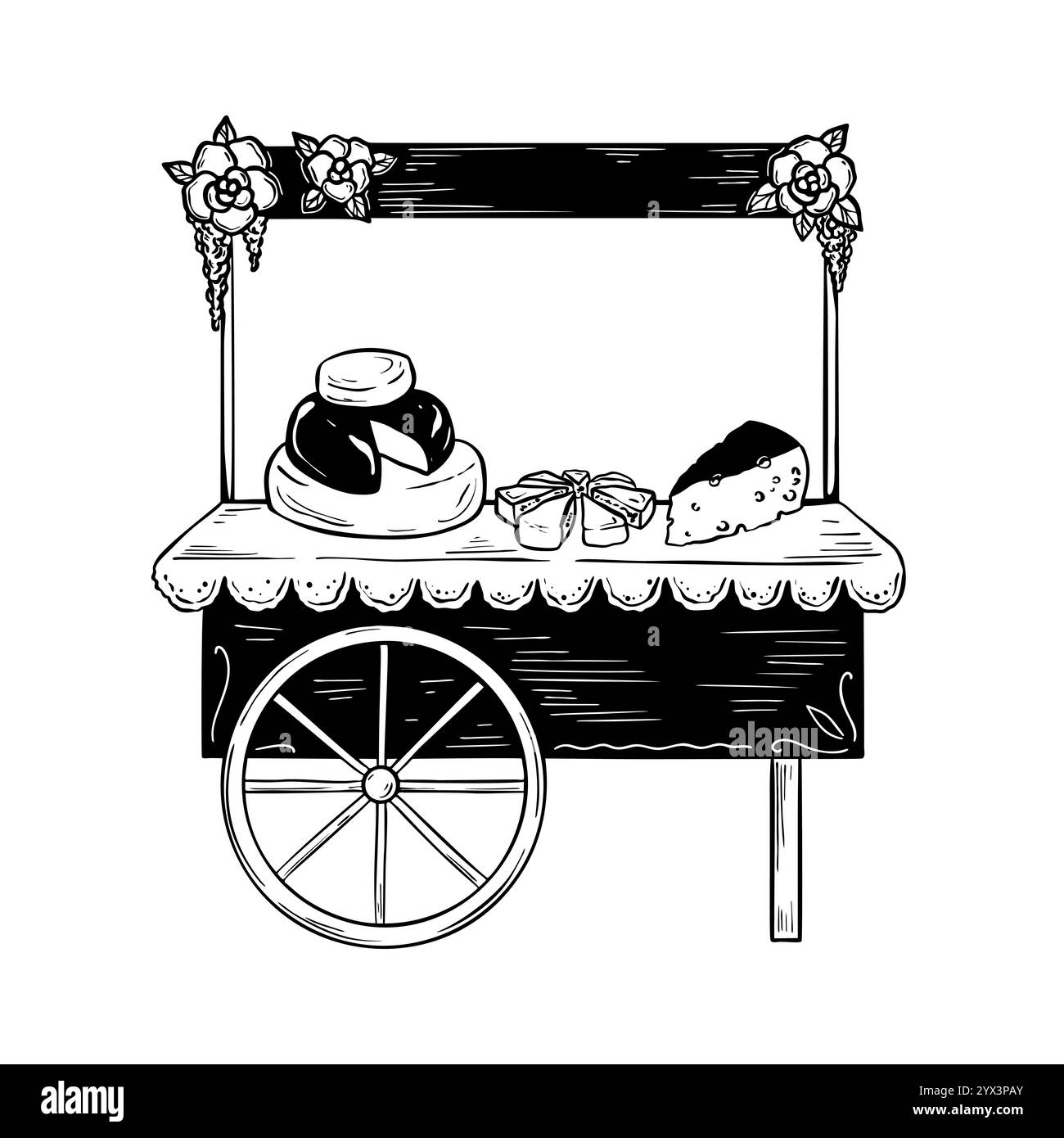 Illustrazione vettoriale del mercato agricolo locale. Disegno del fornitore di prodotti lattiero-caseari della fiera dell'agricoltore. Banco salumi. Formaggio svizzero Illustrazione Vettoriale