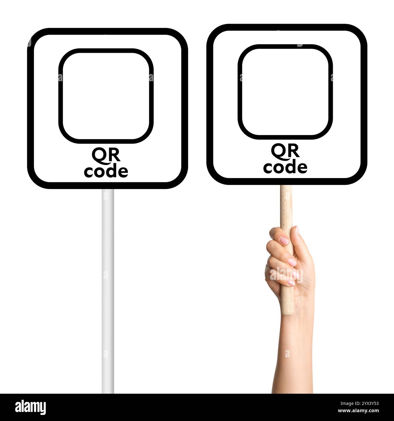 Segno di cornice vuoto per il codice QR su uno sfondo vuoto con un'asta bianca. Adatto per pubblicità, promozioni o applicazioni aziendali. Foto Stock