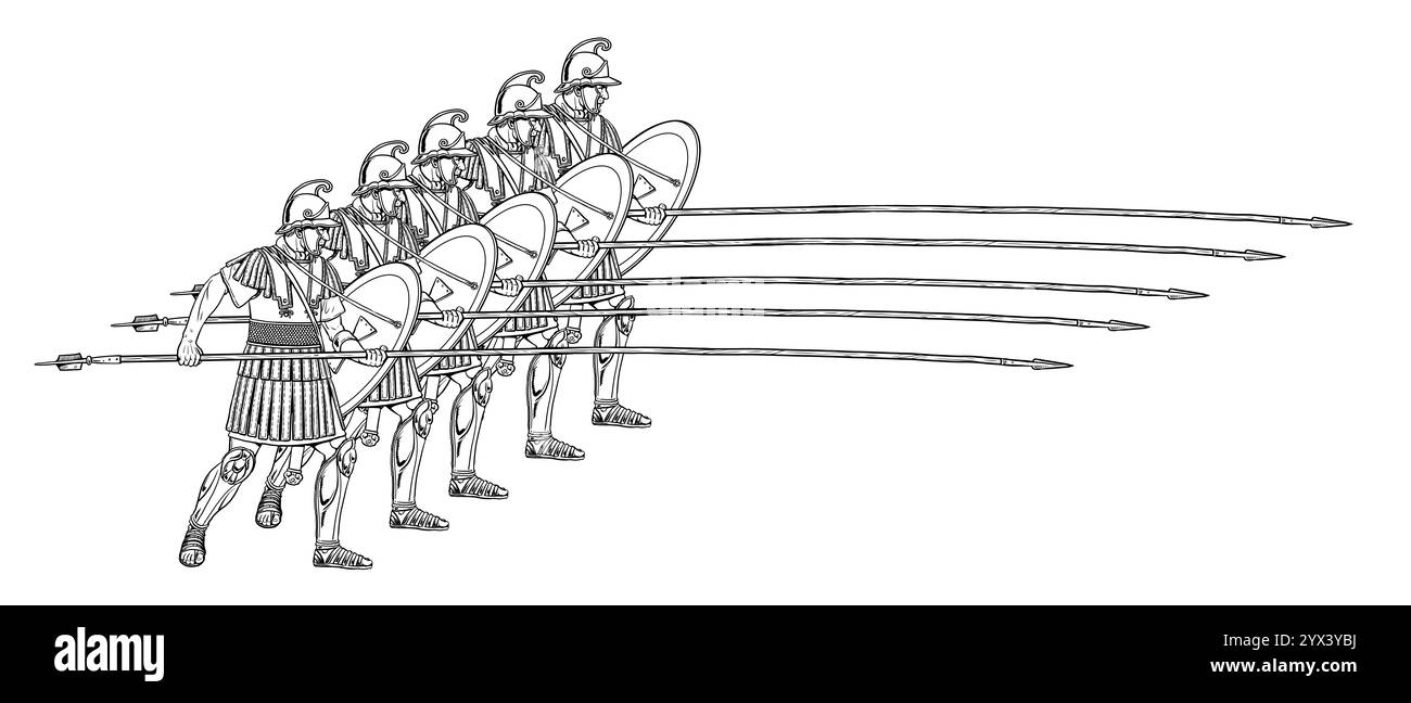 Falange macedone. Oplite greca con lunghe lance sarissa. Disegno storico. Foto Stock