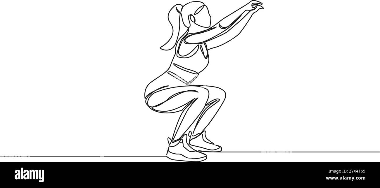 disegno continuo di una donna in forma che fa gli squat, illustrazione vettoriale line art Illustrazione Vettoriale
