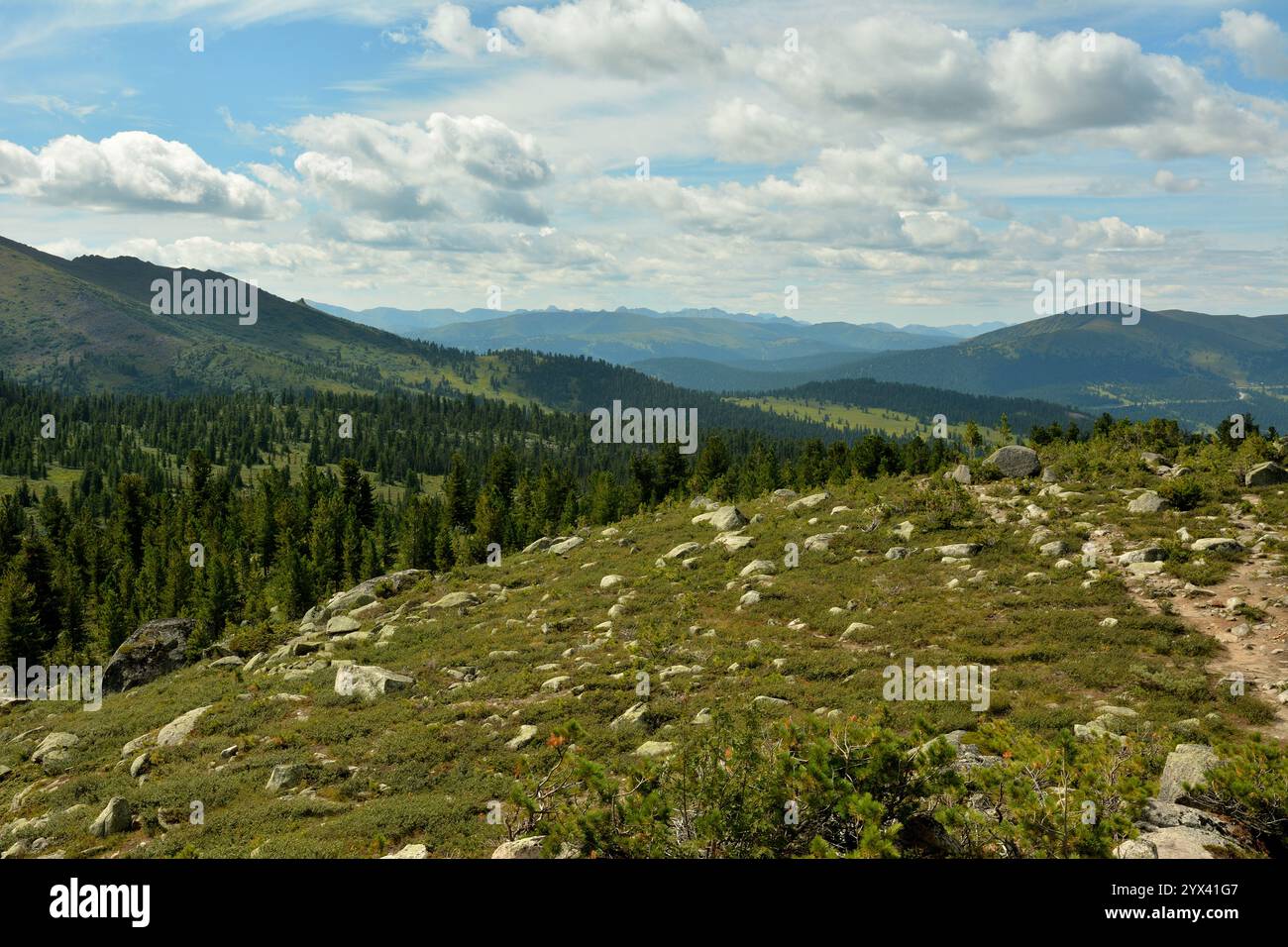 Uno stretto sentiero turistico attraversa il pendio di una dolce montagna con una dispersione di pietre in una pittoresca valle montana in una soleggiata giornata estiva. Ergak Foto Stock