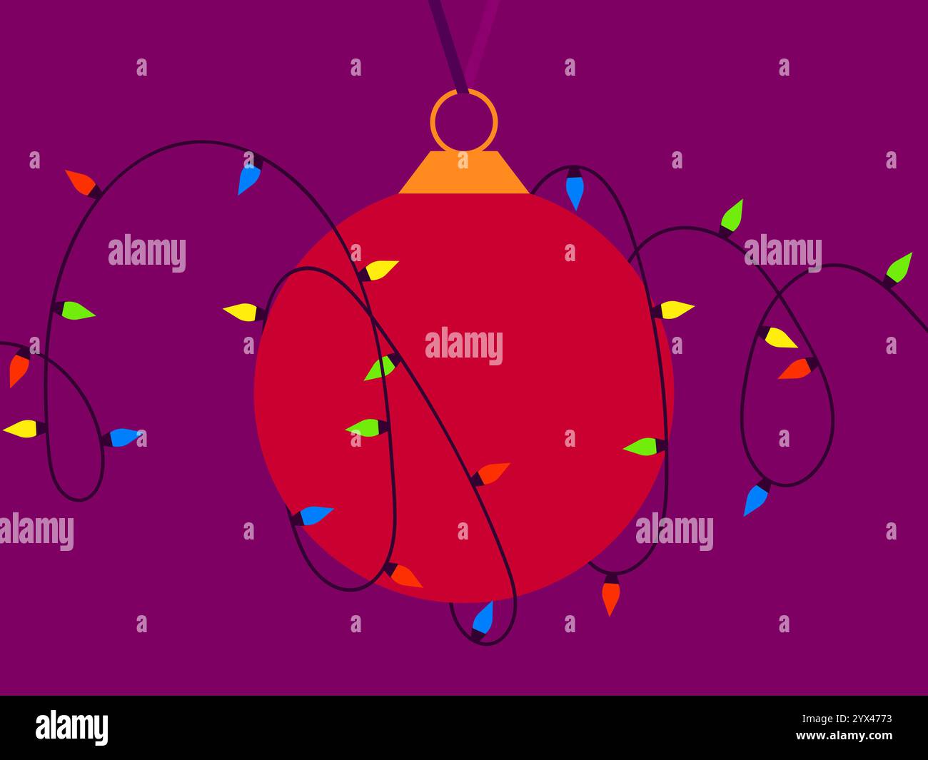 Ghirlanda di lampadine multicolore che avvolgono un albero di Natale sospeso. Appendere decorazioni sull'albero di Natale. Design festivo per inviti Illustrazione Vettoriale