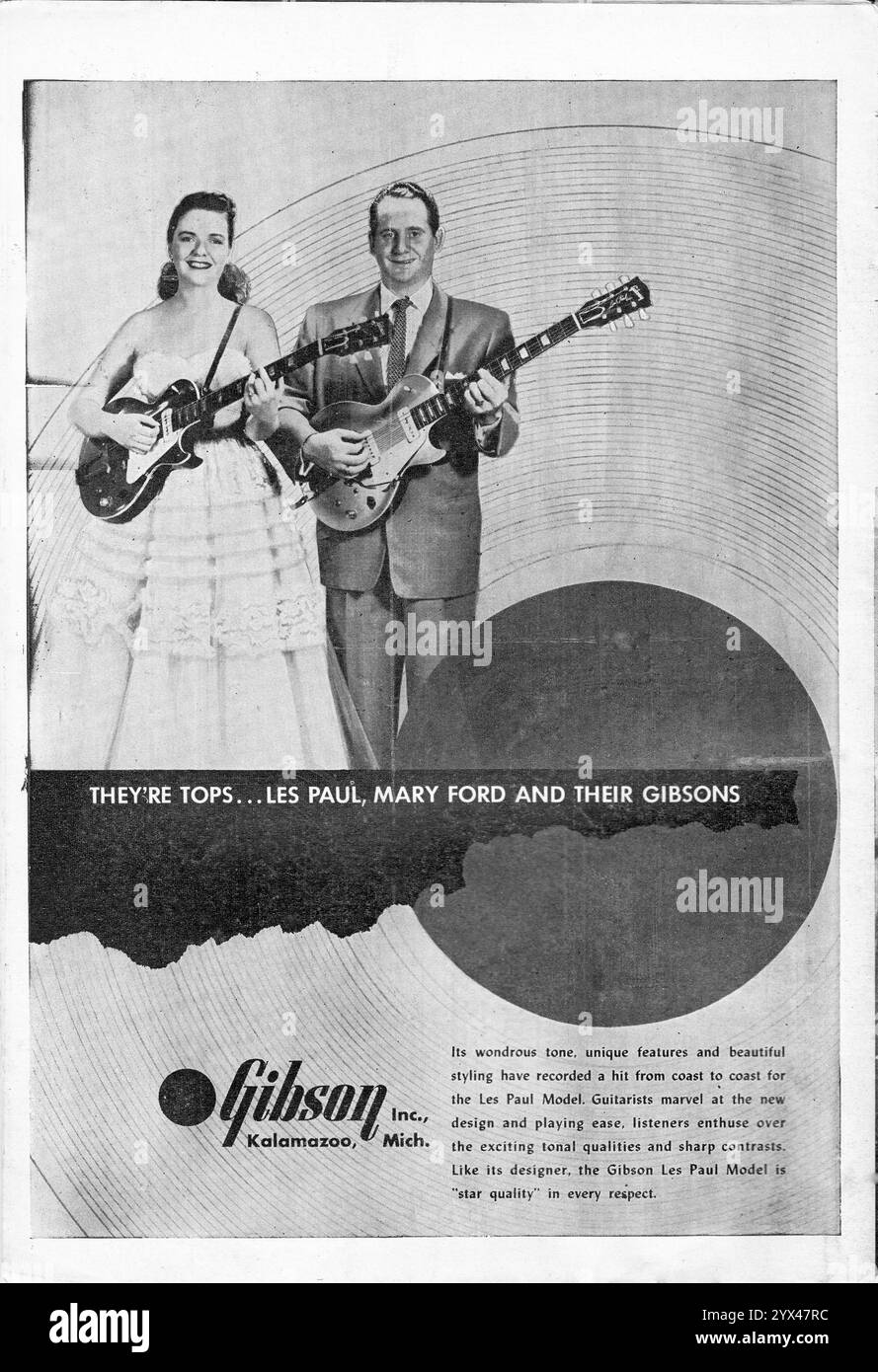 Un annuncio per le chitarre elettriche Gibson modello Les Paul con foto di Les e di sua moglie Mary Ford. Da una rivista musicale del 1953. Foto Stock