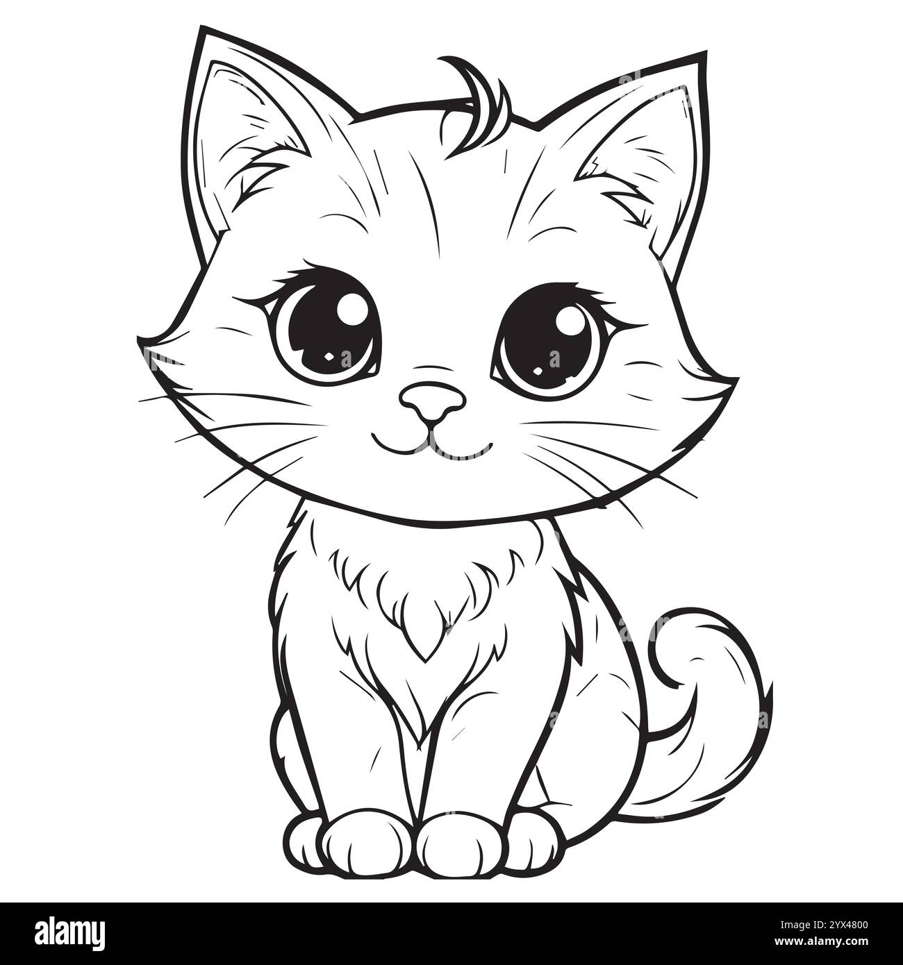 Carino Cartoon Cat, seduto con zampe piegate. Simpatico gattino bianco in stile cartoni animati. Illustrazione vettoriale. Statuetta da eroe per prodotti per bambini. colorazione Illustrazione Vettoriale