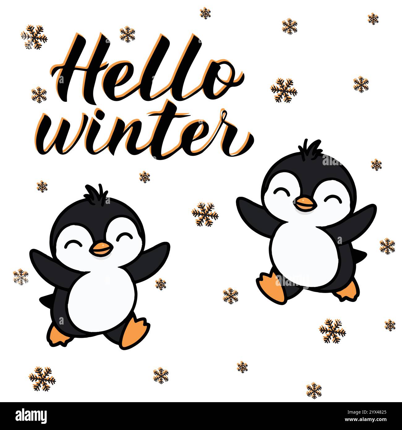 Ciao inverno. Sfondo texture modello Hello Winter. Piccolo pinguino e testo ciao. Graziosa illustrazione vettoriale in stile scandinavo, vivaio con scarabocchi. Illustrazione Vettoriale