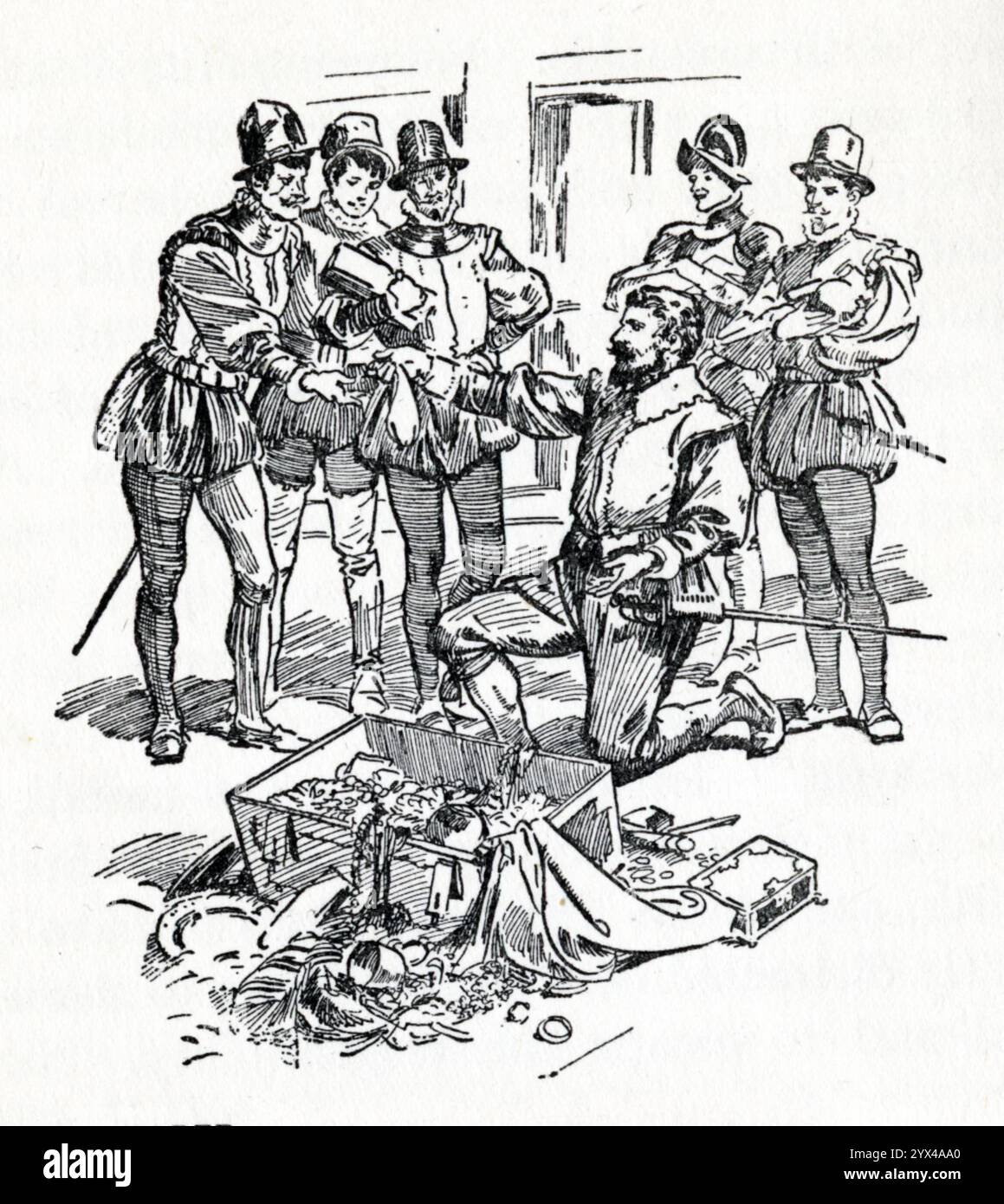 "Ha prodotto una quantità di pietre preziose", c1929. "Procedendo verso Valparaiso, [Francis Drake] si aiutò liberalmente alle cose buone che trovò, tra cui una certa quantità di oro pregiato... seguendo la costa seppe di una nave diretta a Panama carica di argento e oro, e si avvicinò a lei a Capo Francisco. Si dice che abbia prodotto ottanta libbre d'oro e ventisei tonnellate d'argento, tredici casse di denaro e una quantità di gioielli e pietre preziose, del valore di &#xa3;200.000. Dopo aver preso altri premi [la sua nave] la "Golden Hind" raggiunse l'Inghilterra il 26 settembre 158 Foto Stock