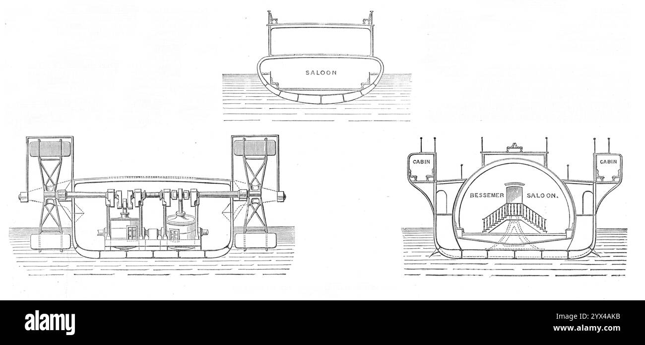 Sezioni della saloon-Steamer Bessemer, 1872. Illustrazione di '...il progetto congiunto del signor E. J. Reed, C B., defunto capo costruttore della Marina, e del signor H. Bessemer, noto come l'autore di grandi miglioramenti nella produzione di ferro e acciaio, per una nave a vapore con passaggio in Manica con un salone sospeso per prevenire il mal di mare...il salone Bessemer formerà di gran lunga la cabina più bella mai montata su una nave. Le sue grandi dimensioni e l'altezza le consentiranno di essere completamente ventilato, a differenza della normale cabina tra i ponti, che è così spiacevole che le donne e le persone delicate sopportano il peggio Foto Stock