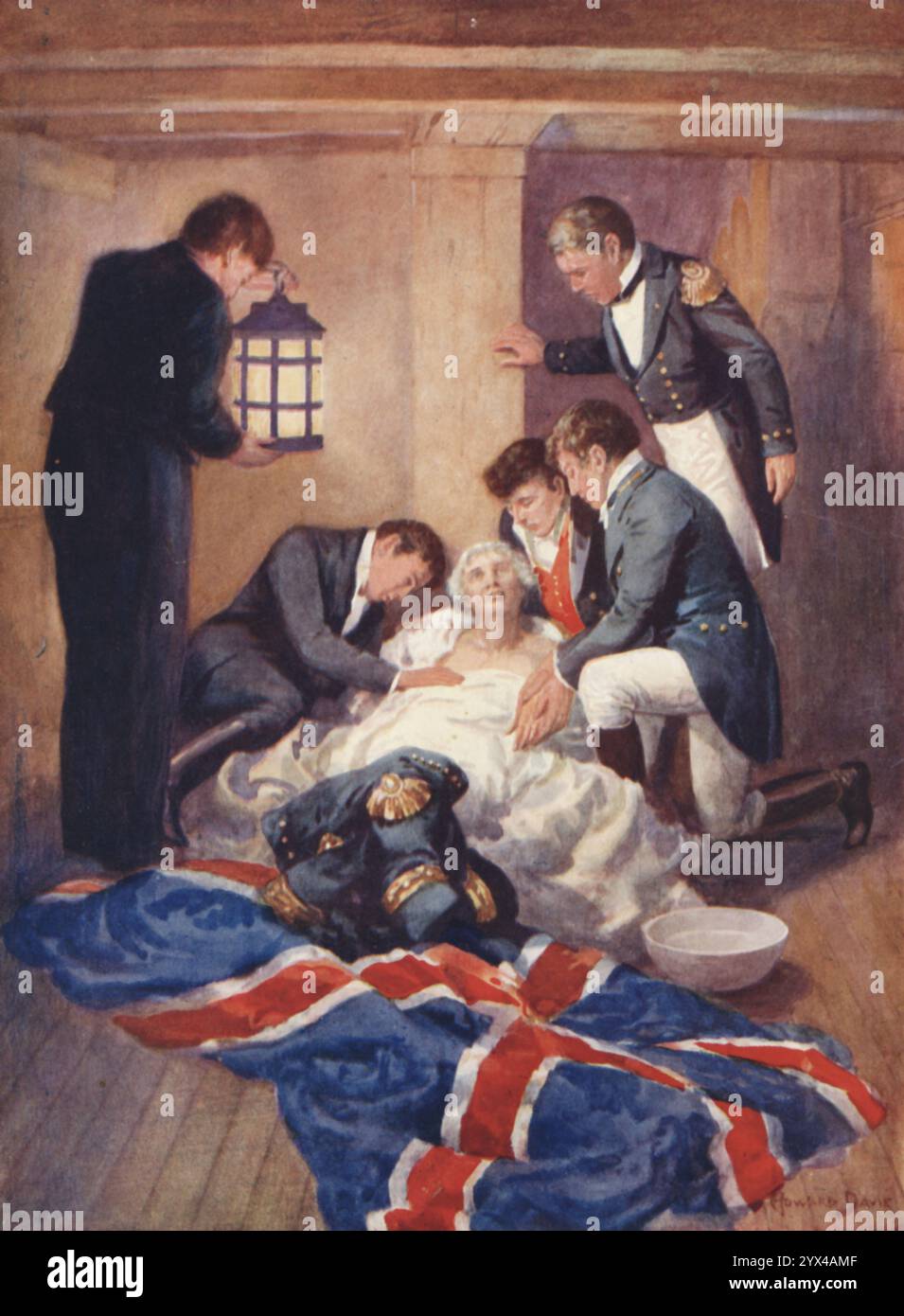 "La morte di Nelson", 1925. Illustrazione di un tableau di cera al Madame Tussauds, un museo delle cere fondato a Londra nel 1835 dallo scultore francese Marie Tussaud. ...La morte di uno dei più grandi uomini d'Inghilterra e dei più grandi eroi navali. Dopo una lunga e vittoriosa carriera, incontrò la sua morte nella battaglia di Trafalgar. Questa battaglia fu la gloria culminante della sua vita. Lo vediamo qui morire nella cabina di pilotaggio della "Vittoria". La nave ha mai avuto un nome migliore!". Da "Madame Tussaud's: The Palace of Enchantment" descritto dal capitano Edric Vredenburg, illustrato da Howard DAVIE, [Raphael Tuck &amp; Sons Foto Stock