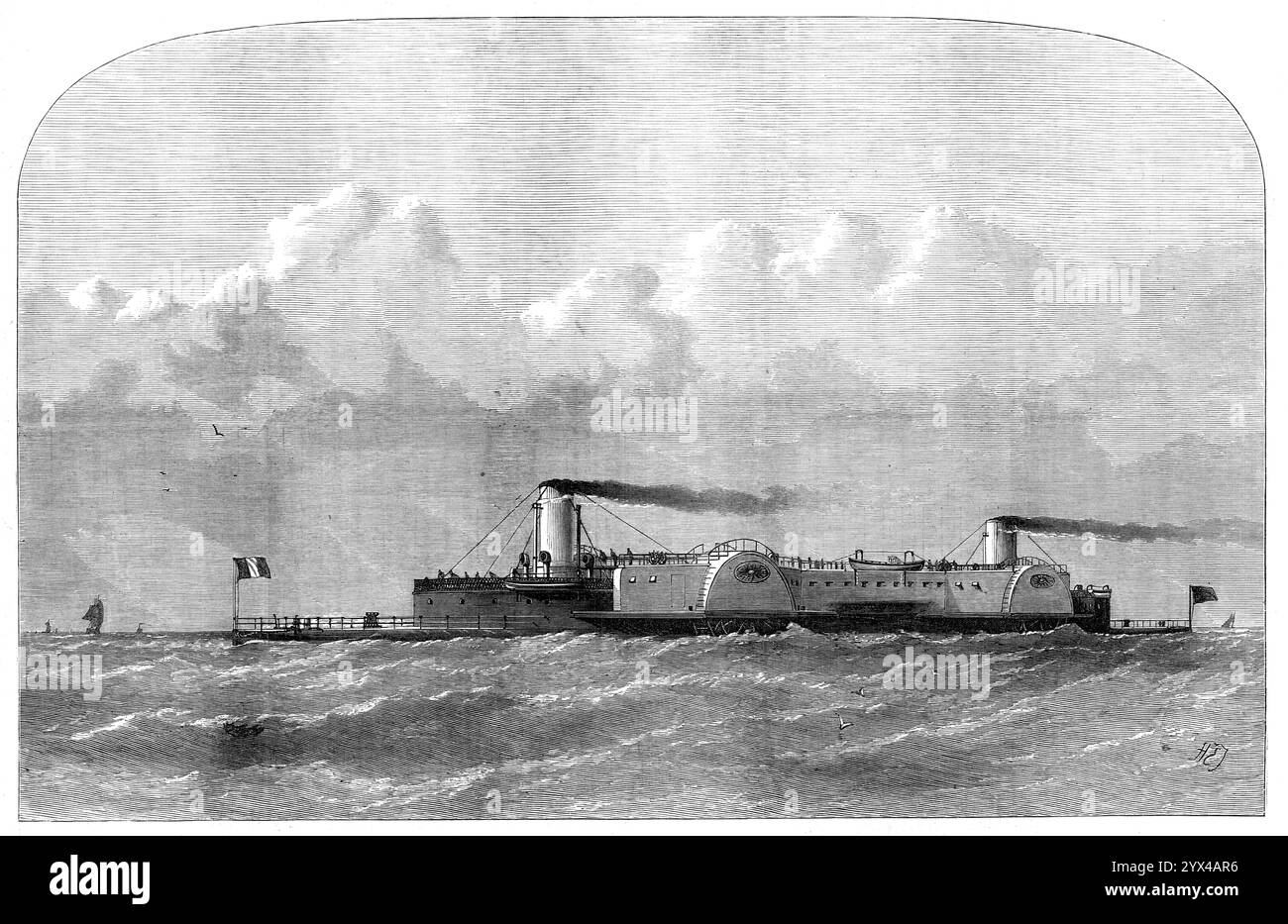 La saloon-Steamer Bessemer, 1872. Illustrazione di '...il progetto congiunto di E. J. Reed, C B., defunto capo costruttore della Marina, e Mr. H. Bessemer, noto come l'autore di grandi miglioramenti nella produzione di ferro e acciaio, per una nave a vapore con passaggio della Manica con un saloon sospeso per prevenire il mal di mare...due navi su questo piano sono ora in costruzione per il traffico passeggeri tra dover e Calais - una progettata dal signor Reed, l'altra dal capitano Dicey... e sono azionati da quattro grandi ruote a pale...Un timone è montato su ciascuna estremità, con i mezzi per Foto Stock