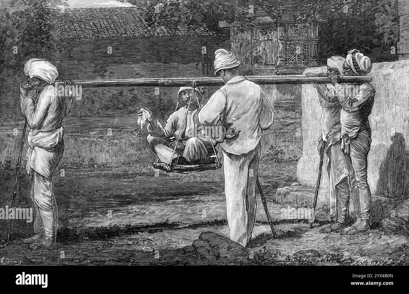 Nativo in viaggio in India, 1872. "In quei distretti dell'India a cui il sistema ferroviario europeo non è ancora stato applicato ci sono diversi modi di viaggiare;...il palki dak, o palanquin, trasportato sulle spalle di quattro portatori, che sono sollevati a stadi di otto o dieci miglia, è uno dei modi di trasporto più facili...il dak è molto simile alla lettiera chiusa che veniva utilizzata, prima che carrozze a ruote montate su molle... per signore e invalidi viaggiare in Inghilterra, but...instead di essere sospeso, come era la vecchia spazzatura inglese, a un paio di Long sh Foto Stock
