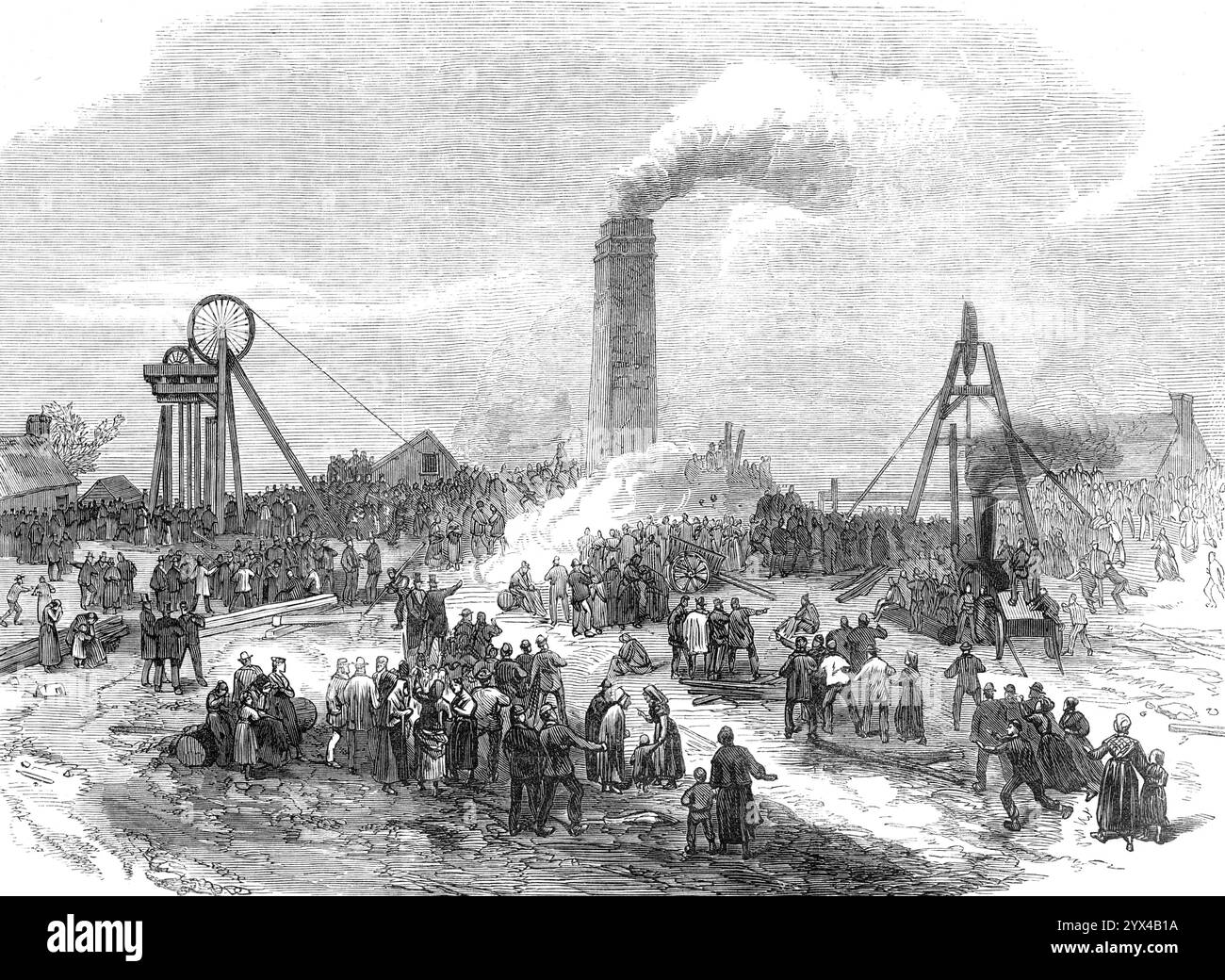 La Pelsall Hall Colliery, vicino a Walsall, la scena dell'inondazione, 1872. Disastro che e' costato ventidue vite, quelle di diciannove uomini e tre ragazzi... la fossa e' piena di gas soffocato, o acido carbonico, da cui gli sfortunati lavoratori devono essere stati soffocati in pochissimo tempo. La miniera... è gestita dai signori Morgan e Starkey... un immenso volume d'acqua scoppiò improvvisamente nella miniera e versò con grande forza attraverso i lavori... senza perdere un attimo di tempo la gabbia fu delusa da un gruppo esploratore, che scoprì che l'acqua stava già salendo il pozzo, e.. Foto Stock