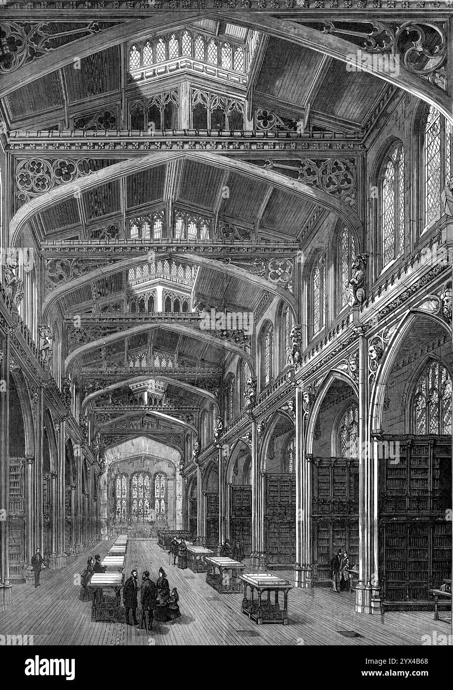 La nuova Biblioteca Comunale, Guildhall, 1872. "Questo edificio è una struttura gotica, nello stile noto come perpendicolare, e, essendo destinato ad essere utilizzato come suite di sale di ricevimento in occasioni di festività civiche, è stato predisposto in modo da servire a doppio scopo...[è] una sala nobile, 120 piedi. lungo e quasi 60 piedi. in altezza. È sormontata da un tetto di quercia aperto, ed è illuminata da un clerestorio di sette finestre su ciascun lato, sopra gli archi o le baie che dividono quella che può essere descritta come la sua "navata" dalle sue "navate" su ciascun lato. La navata sarà lasciata aperta e non occupata, i libri Foto Stock
