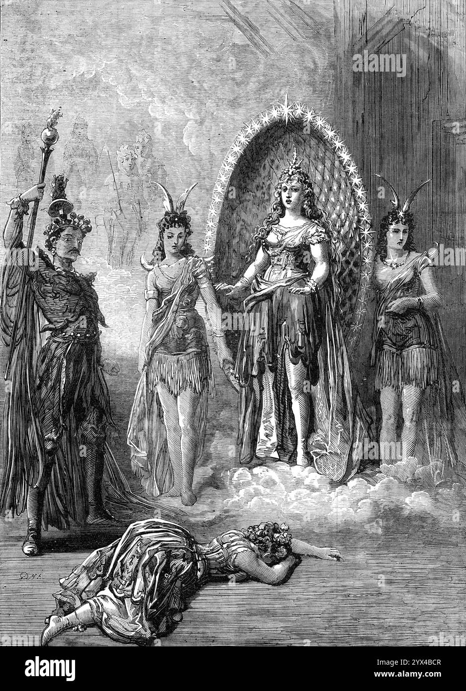 Scena da "Babil and Bijou", al Covent Garden Theatre, 1872. Produzione teatrale londinese di un 'fantastico dramma musicale... la misteriosa scena nella foresta di Rosewood, a cui Fasilide, il Principe di Lutetia, e il suo Ministro, Auricomos, avevano fatto ricorso per rifugiarsi nella capanna di Olaf, il piume. Bijou, l'eroina, è visitata da gnomi, silfi e fate, che illuminano il cuore mentre contempla i volti nel fuoco. "Tra loro... c'erano la regina Gnome Pragma, e suo figlio Skepsis. Bijou vide questa strana folla scendere sul suo cuore, e gli astoni sconcertati Foto Stock