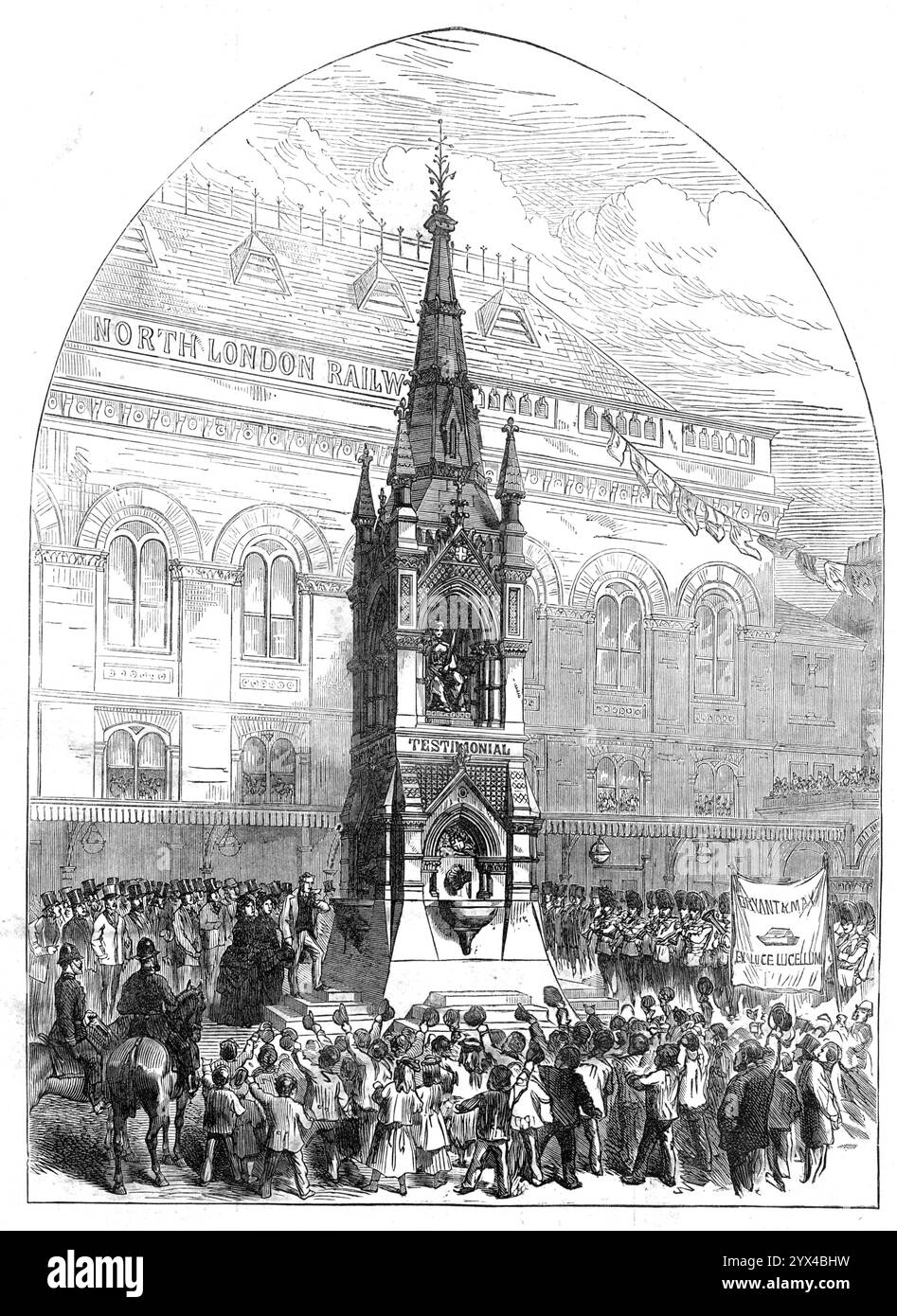 Il sindaco apre la nuova fontana di Bow, [East London], 1872. "La monumentale fontana del bere eretta, da un abbonamento pubblico locale, di fronte alla stazione di Bow della North London Railway, è una testimonianza dedicata ai signori Bryant e May, di Fairfield Works, Bow, produttori delle "partite Lucifer sulla sicurezza dei brevetti"...si è ritenuto che il tipo più utile di memoriale sarebbe stata una fontana del bere, che sembrava la più appropriata da quando il signor Bryant, il capo dell'azienda, è stato un sostenitore dei principi teetotale per trentacinque anni. Questo monum Foto Stock