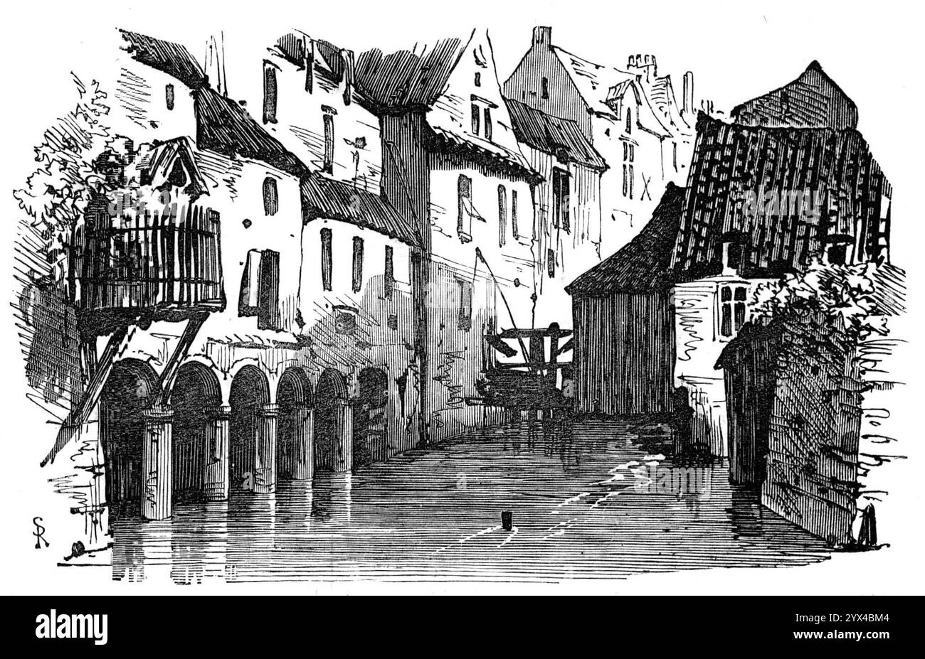 Sulla Senne, Bruxelles, 1872. "La città, che ha una popolazione di oltre 300.000, compresi i suoi sobborghi, è divisa in Upper, o New Town, e Lower, o Old Town, essendo in parte costruita su una collina di 220 piedi. Sopra il livello del mare, in parte su terreno pianeggiante, attraverso il quale un piccolo fiume fangoso, chiamato Senne, si snoda lungo il suo corso, creando quattro piccole isole lungo il versante occidentale". Da "Illustrated London News", 1872. Foto Stock