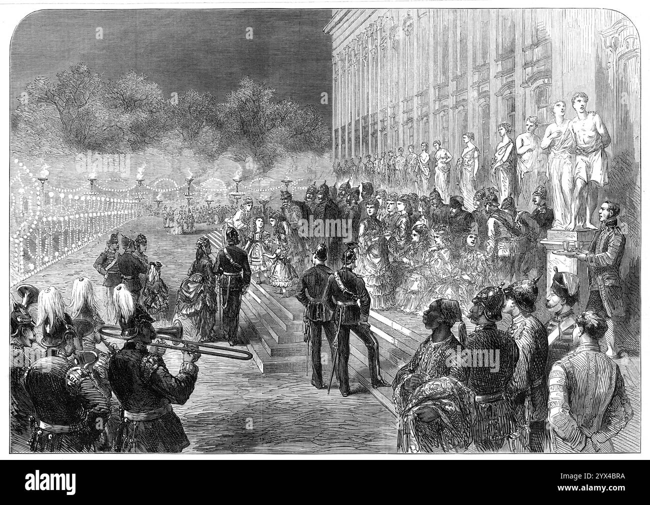 I tre imperatori a Berlino: La festa serale in giardino della Principessa della Corona al nuovo Palazzo, Potsdam, 1872. Celebrazioni "...in occasione della visita dell'imperatore di Russia e dell'imperatore d'Austria all'imperatore di Germania...la sera i tre imperatori [Guglielmo i, imperatore di Germania, re di Prussia; Francesco Giuseppe i d'Austria; zar Alessandro II di Russia] furono intrattenuti dal principe ereditario [Federico] e dalla principessa [Vittoria, principessa reale] nel nuovo Palazzo di Potsdam". Da "Illustrated London News", 1872. Foto Stock