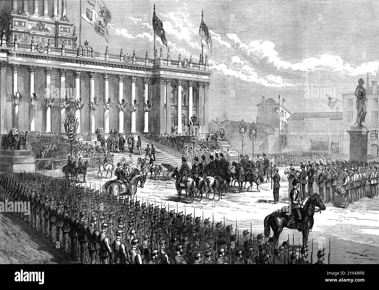 Principe Arturo a Leeds: Arrivo del principe alla Townhall, 1872. Fu formata una scorta d'onore degli Yorkshire Hussars, comandati dal visconte Lascelles. L'arrivo del Principe al municipio è stato accolto con applausi dalle persone riunite di fronte a quel maestoso edificio... è un'imponente pila, in stile architettonico corinzio romano, circondata da file di colonne e pilastri... Una guardia d'onore, composta dai volontari locali, si trovava all'ingresso. Il sindaco di Leeds, consigliere John Barran, incontrò sua altezza reale in fondo ai gradini che conducevano al vestibolo della Foto Stock