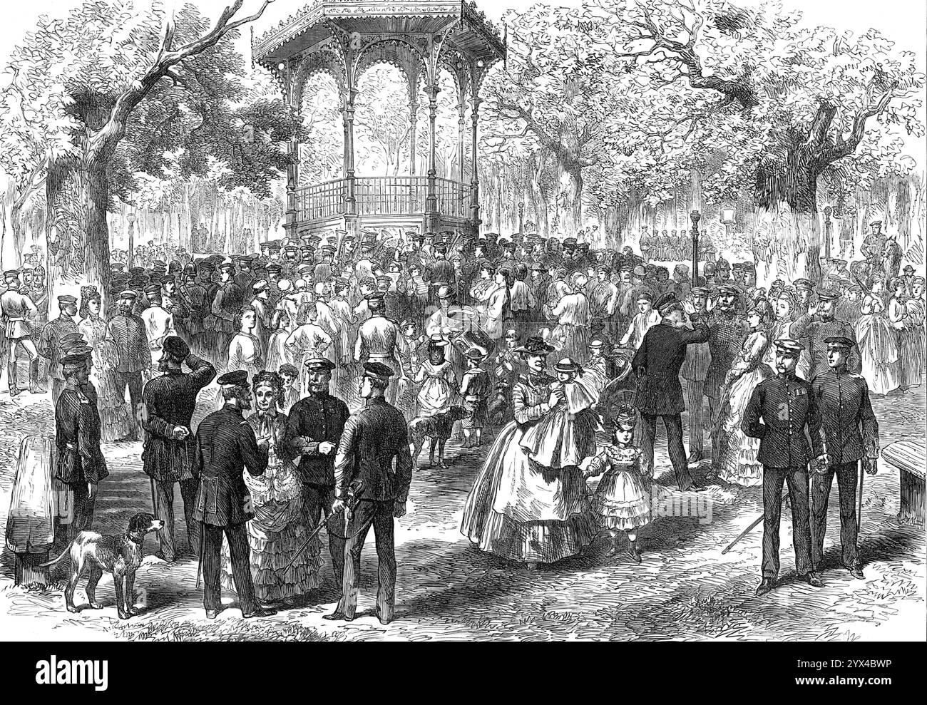 Banda militare tedesca sulla Promenade di Reims, 1872. "L'ingente somma di denaro messa in mano dal governo provvisorio francese grazie al grande prestito pagherà il resto della pesante ammenda inflitta a quel paese dai tedeschi e libererà il suo suolo dall'occupazione militare straniera nel corso del prossimo anno. Il graduale ritiro delle truppe tedesche da alcuni dei dipartimenti in cui erano state divise dopo la conclusione della guerra [franco-prussiana] è stato sentito come un sollievo per i sentimenti della popolazione locale...le bande musicali del reggimento tedesco si sono esibite Foto Stock