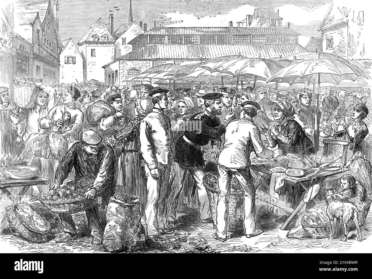 Soldati tedeschi che commercializzano a Reims, 1872. "L'ingente somma di denaro messa in mano dal governo provvisorio francese grazie al grande prestito pagherà il resto della pesante ammenda inflitta a quel paese dai tedeschi e libererà il suo suolo dall'occupazione militare straniera nel corso del prossimo anno. Il ritiro graduale delle truppe tedesche da alcuni dei dipartimenti in cui erano divise dopo la conclusione della guerra [franco-prussiana] è stato sentito come un sollievo per i sentimenti della popolazione locale...i soldati erano abituati ad andare al mercato per questo veget Foto Stock
