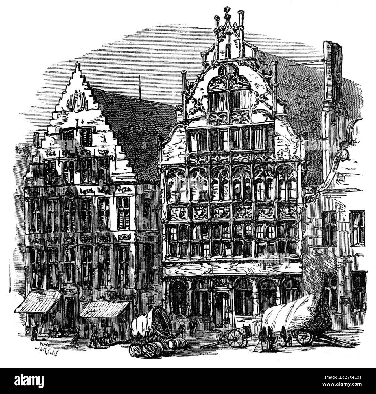 Antiche case sulla banchina, Gand, 1872. "Gli edifici pubblici di Gand sono degni di ammirazione... le strade... sono ancora più invitanti, con la fantastica varietà di forme nelle case frontali a timpano e le ricche incisioni ornamentali. Ma l'esemplare più interessante di questo tipo può essere trovato sul Quai aux Herbes, nella Maison des Bateliers, la casa precedentemente occupata dalla gilda degli uomini d'acqua, i cui emblemi, con lo stemma di Carlo V., sono scolpiti sul gables'. Da "Illustrated London News", 1872. Foto Stock
