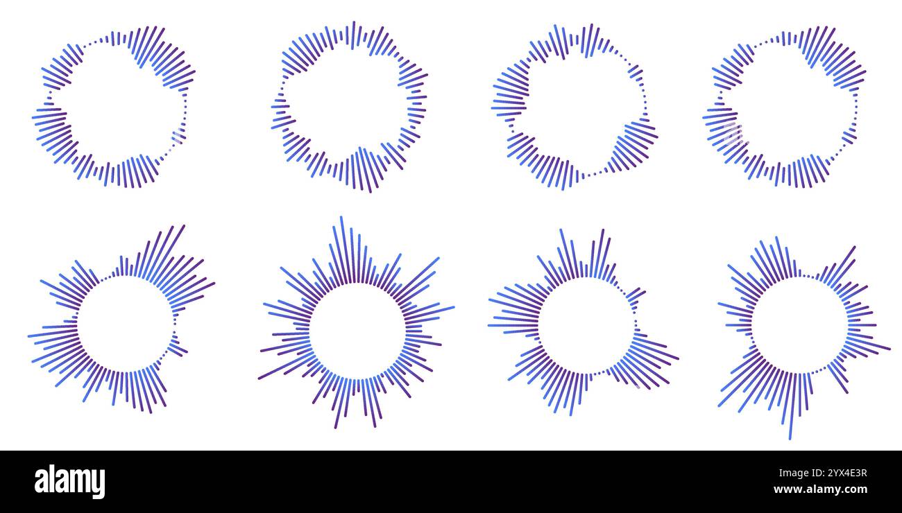 Serie di icone di ripple circolari. Cerchi concentrici con linee interrotte isolate su sfondo bianco. Vortice, onda sonar, onda sonora, sunburst, segnali Illustrazione Vettoriale