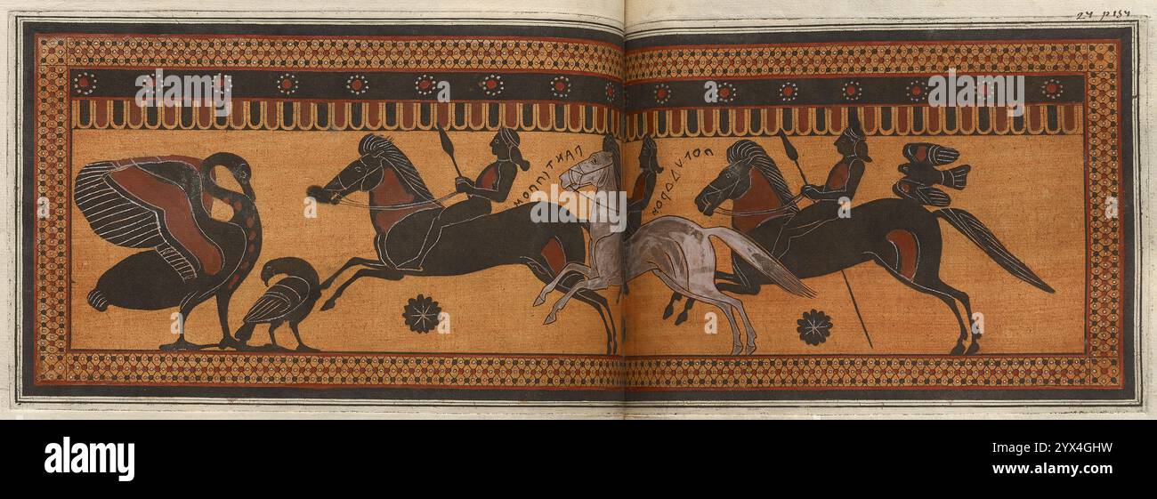 The Hunt Krater: Piatto colorato che mostra tre cavalieri al galoppo, 1766 [-1767]. Dalla "Collezione di Antichità etrusche, greche e romane dal Gabinetto dell'onore" di Sir William Hamilton. WM. Hamilton sua Britannick Maestà inviato straordinario alla Corte di Napoli", (Napoli, 1766 [-1767]). Foto Stock