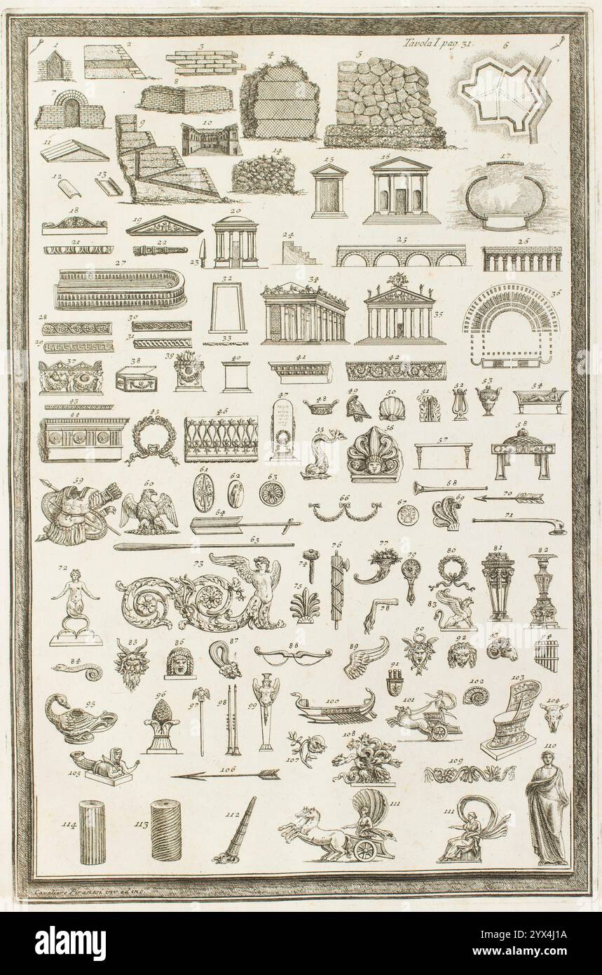 Vari disegni scultorei architettonici etruschi e sculture, 1769. Da "diverse Maniere d'adornare i cammini ed ogni altra parte degli edifizi desunte dall'architettura Egizia, Etrusca, e greca con un ragionamento Apologetico in defesa dell'architettura Egizia, e Toscana, opera del Cavaliere Giambattista Piranesi architetto (diversi modi di ornare chimneypieces e tutte le altre parti di case tratte dall'architettura egiziana, etrusca, e greciana, opera di Apologia pigiana, opera di Giovanni Giambattista, dall'architettura egiziana) Foto Stock