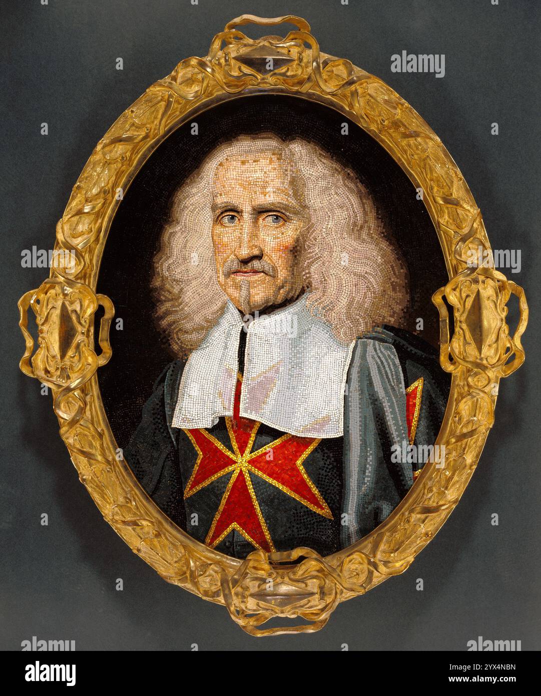 Ritratto di Camillo Rospigliosi, circa 1630-1640. Ulteriori informazioni: Gli artisti rinascimentali hanno ripreso la tecnica del mosaico del primo periodo cristiano, considerandola particolarmente appropriata per i ritratti commemorativi, poiché le piastrelle a mosaico, composte da ceramica o vetro, hanno conservato il loro colore più permanentemente dei dipinti. Giovanni Battista Calandra qui raffigura Camillo Rospigliosi, fratello di Papa Clemente IX e Cavaliere Comandante dell'ordine di Santo Stefano, la cui croce adorna il suo petto. Calandra posiziona il sitter con una leggera angolazione, impiegando la prospettiva per rappresentare l'avambraccio Foto Stock