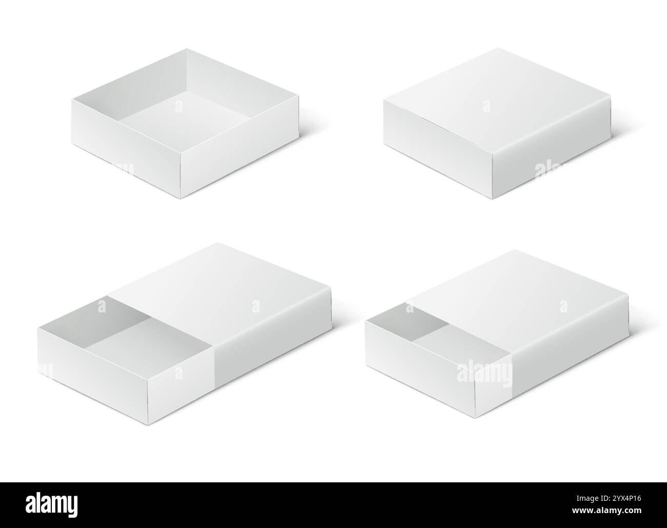 Dispositivo di scorrimento chiuso, aperto e vuoto per scatola di cartone. Modello di confezione regalo bianco su sfondo bianco. Illustrazione Vettoriale