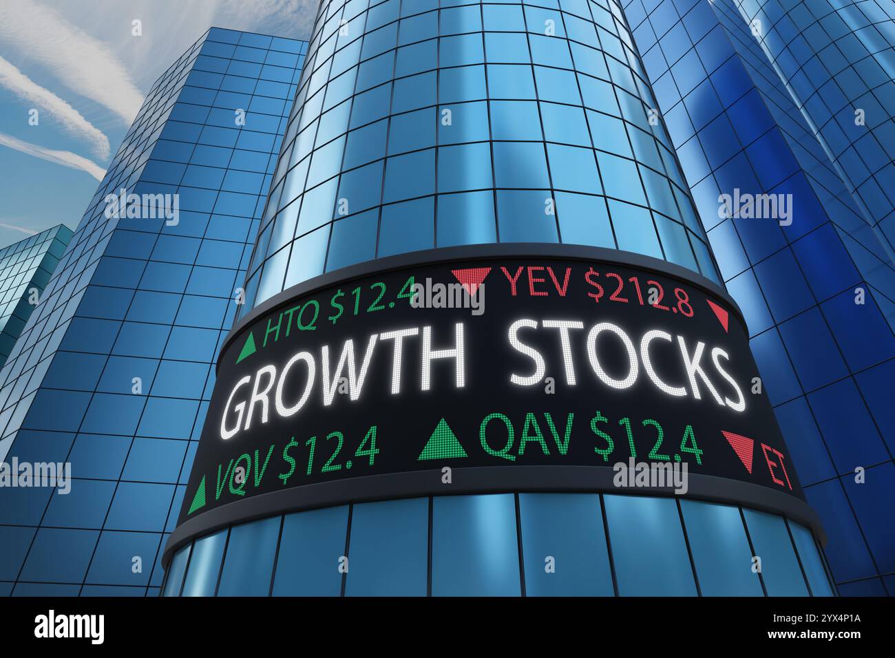 Schermo digitale che mostra i titoli immaginari delle azioni in crescita su un edificio commerciale di forma ovale in un quartiere commerciale e commerciale Foto Stock