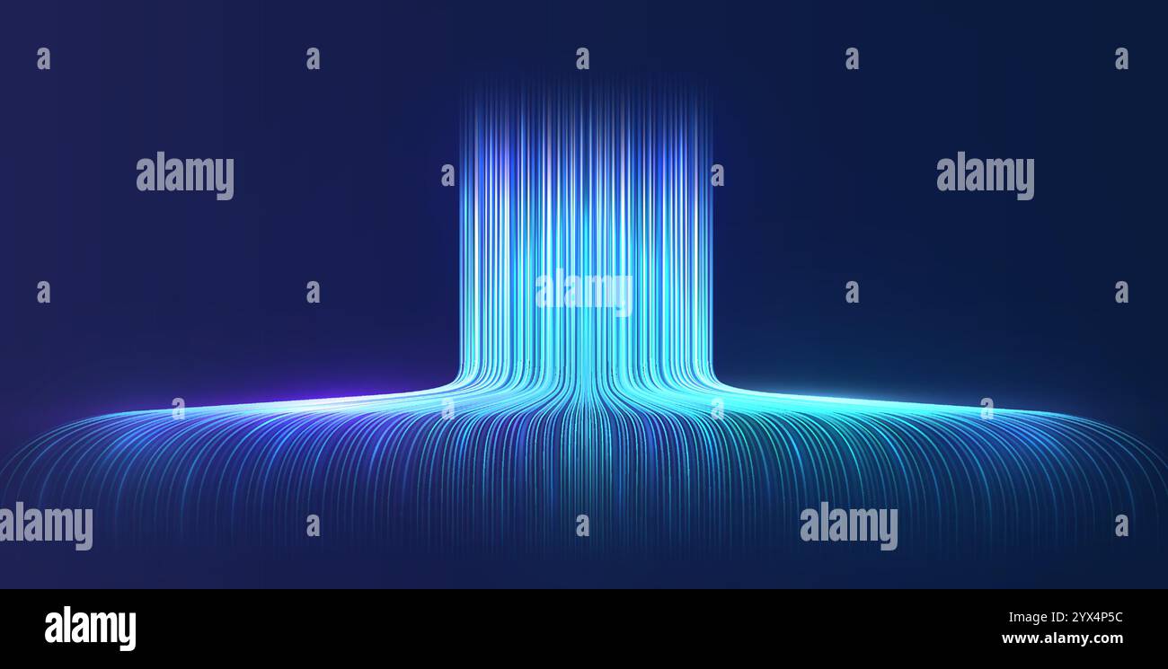 Linee tecnologiche ad alta velocità, Internet, fibra ottica. Concetto di trasmissione wireless big data, reti neurali. Illustrazione Vettoriale